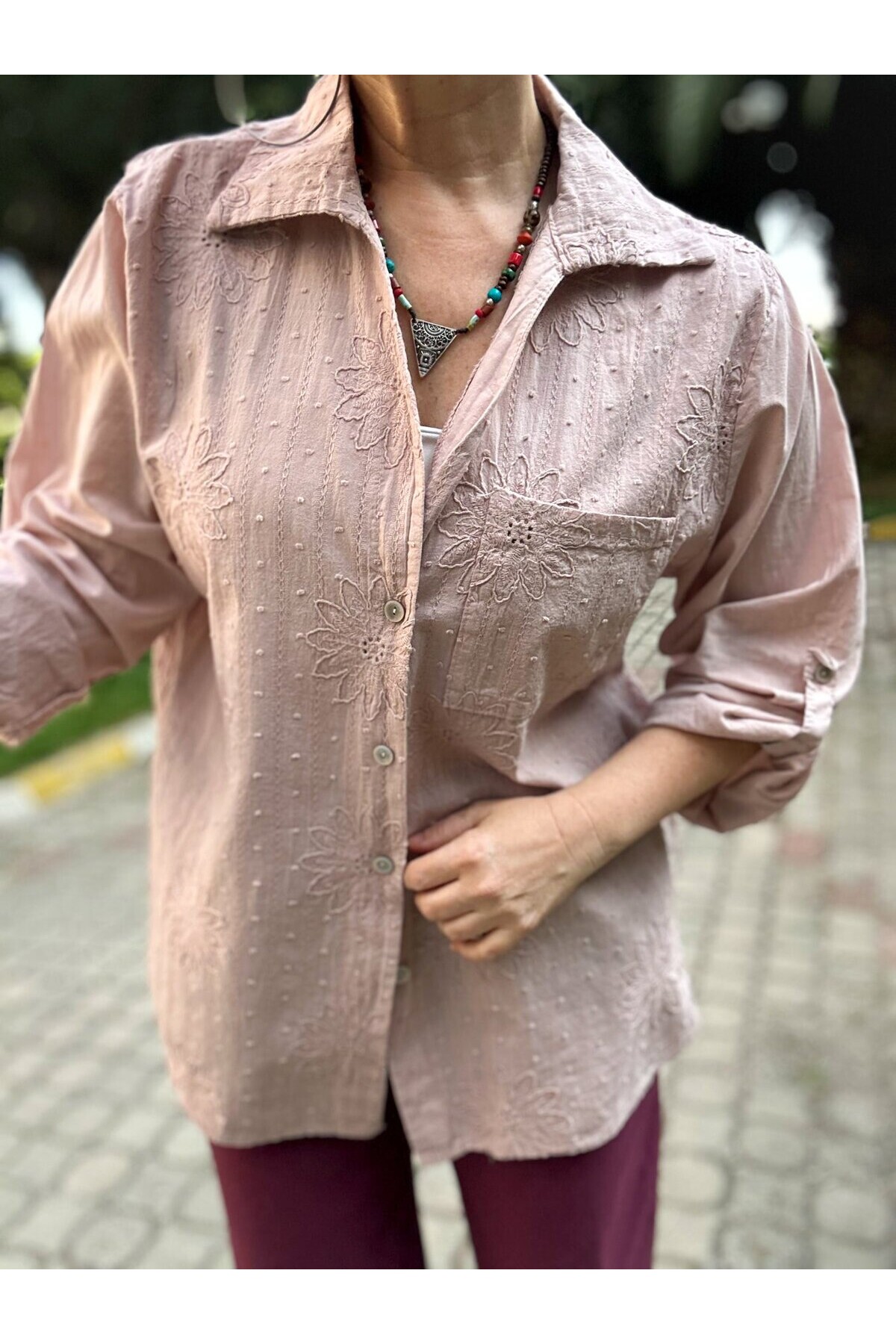Gesso İtalyan Çiçek Fisto Detay Gömlek Pudra