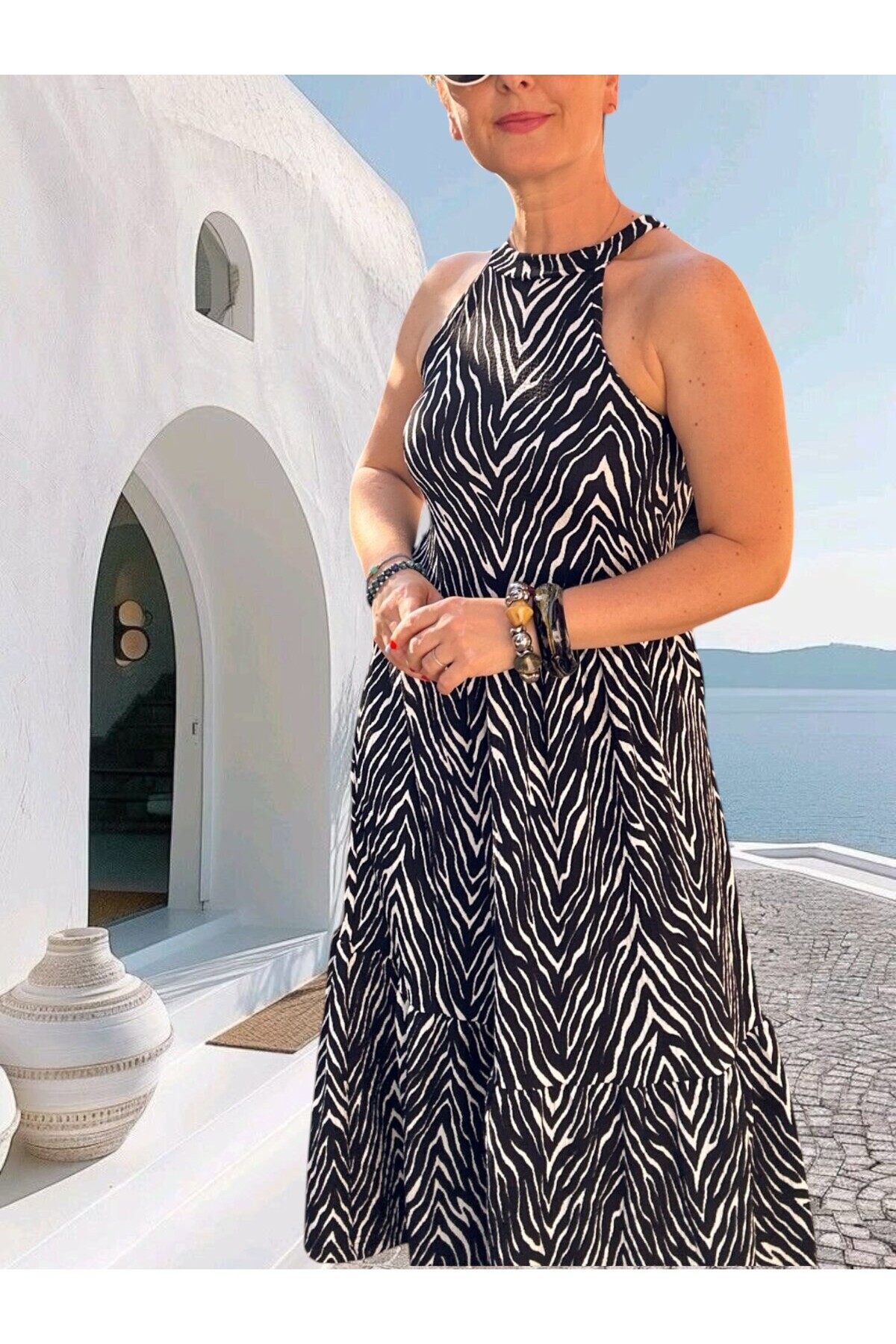 Hera Halter Zebra Desenli Elbise