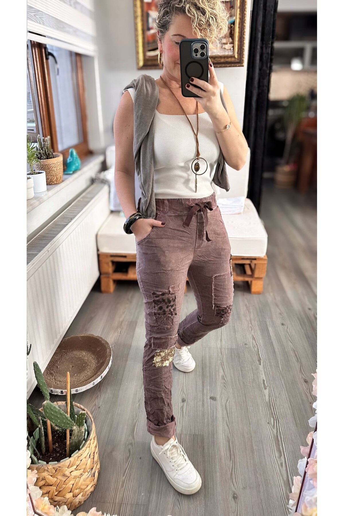 İtaliana Leopar Desen Pul Detaylı Sihirli Pantolon Mürdüm
