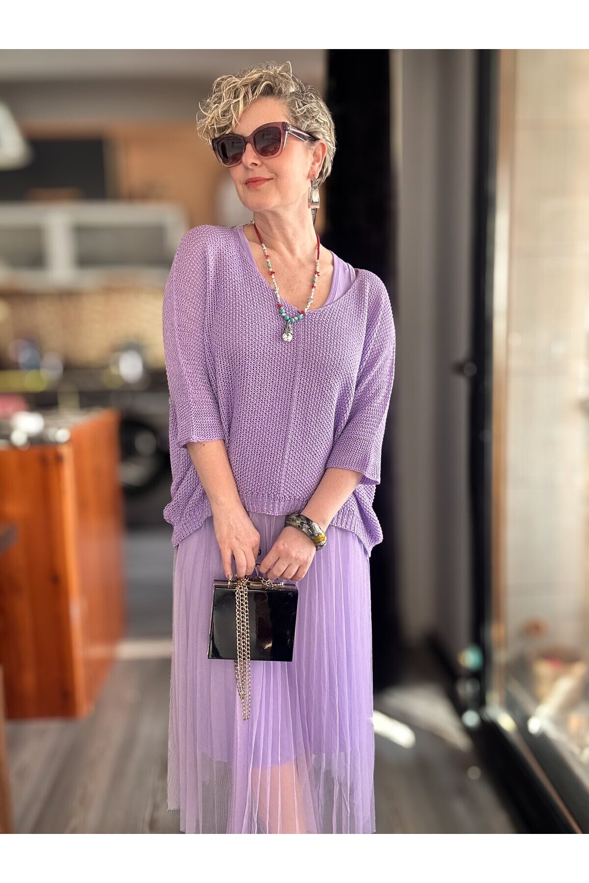Janine İtalyan Merserize Bluz Takım Elbise Eflatun