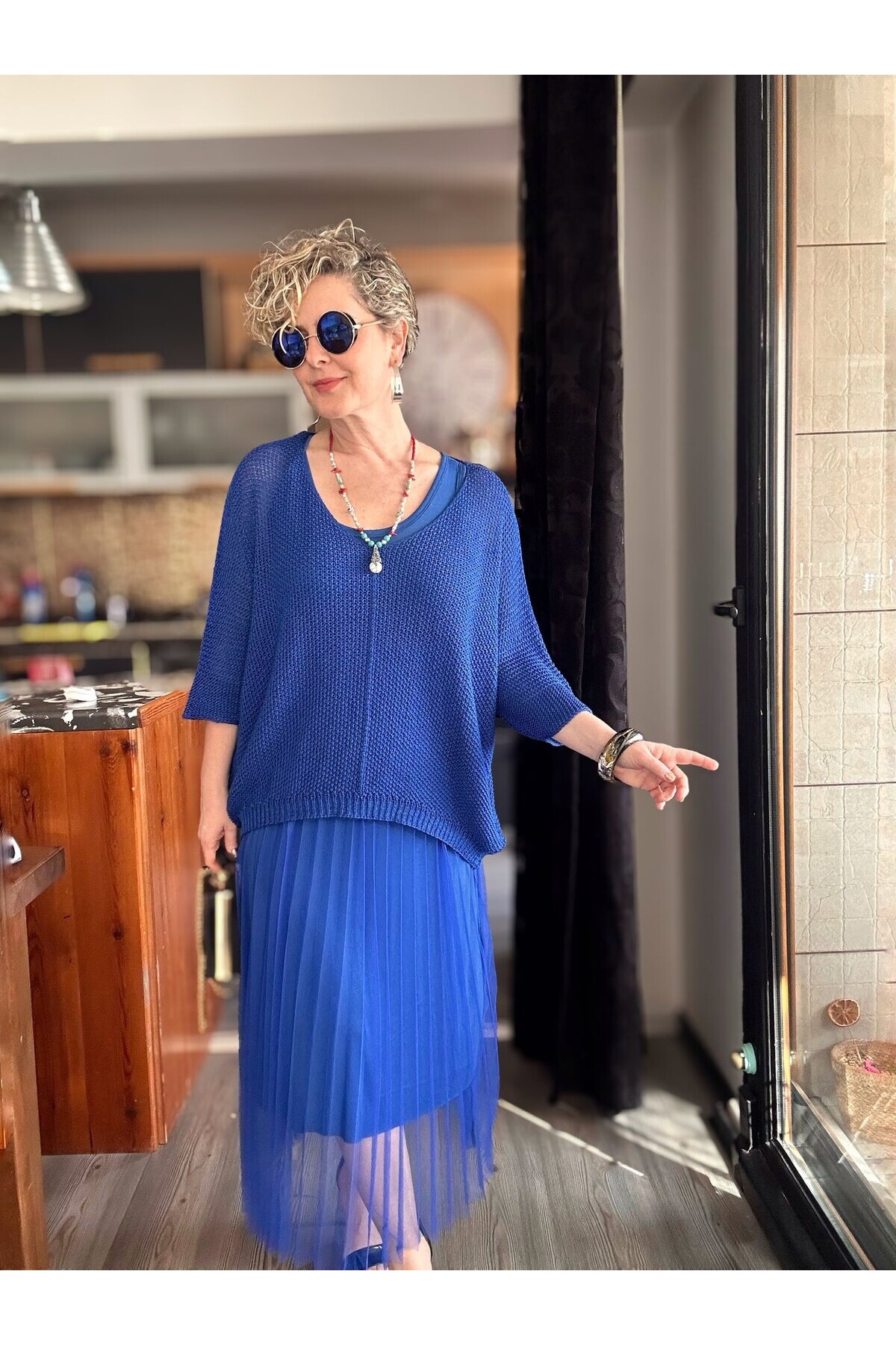 Janine İtalyan Merserize Bluz Takım Elbise Saks