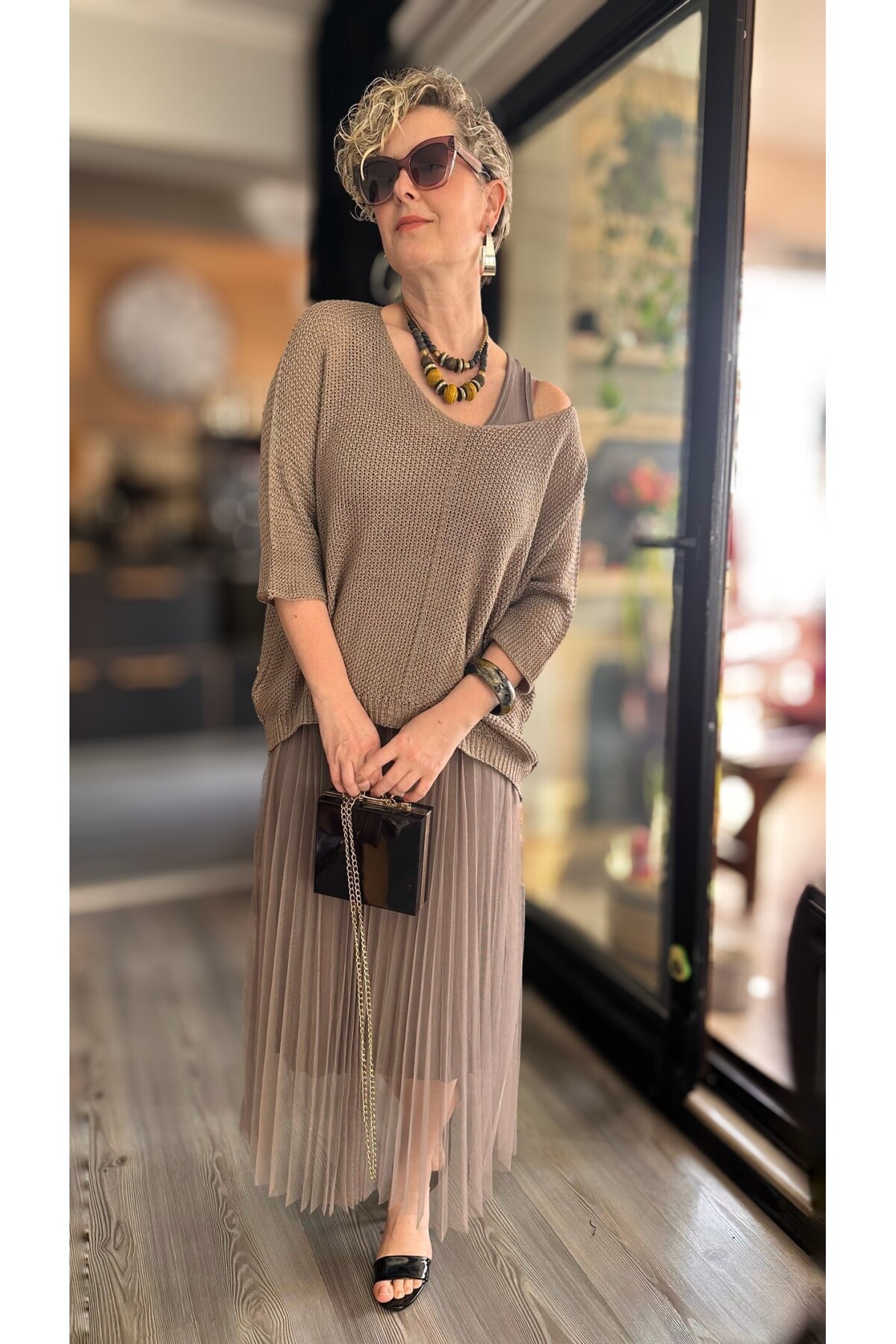 Janine İtalyan Merserize Bluz Takım Elbise Vizon