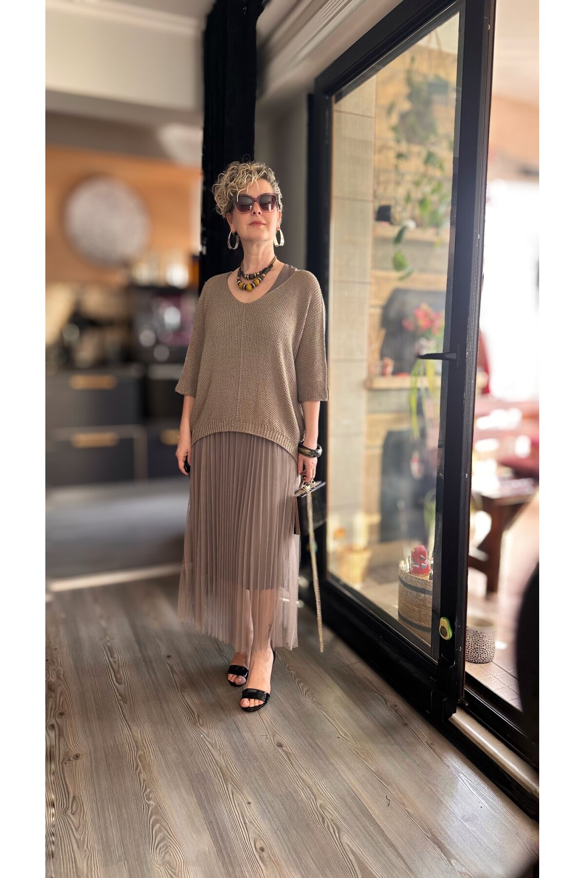 Janine İtalyan Merserize Bluz Takım Elbise Vizon
