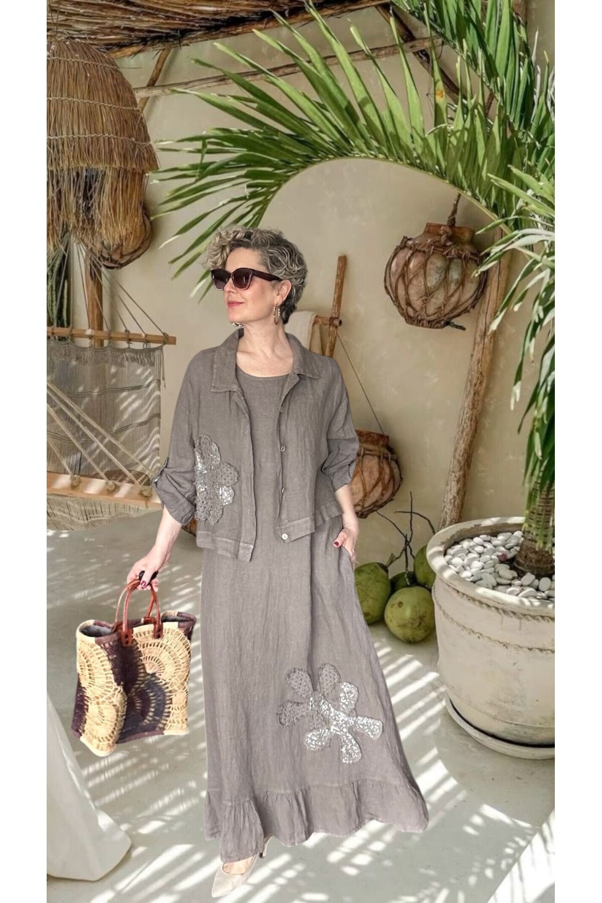 Kubba İthal %100 Linen Ceket & Kolsuz Elbise Takımı Papatya Fango