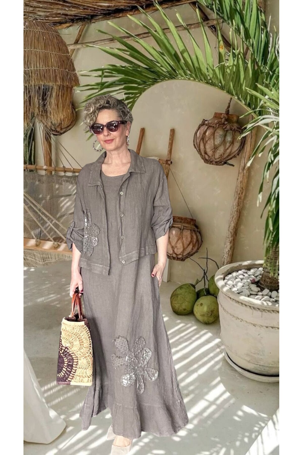Kubba İthal %100 Linen Ceket & Kolsuz Elbise Takımı Papatya Fango