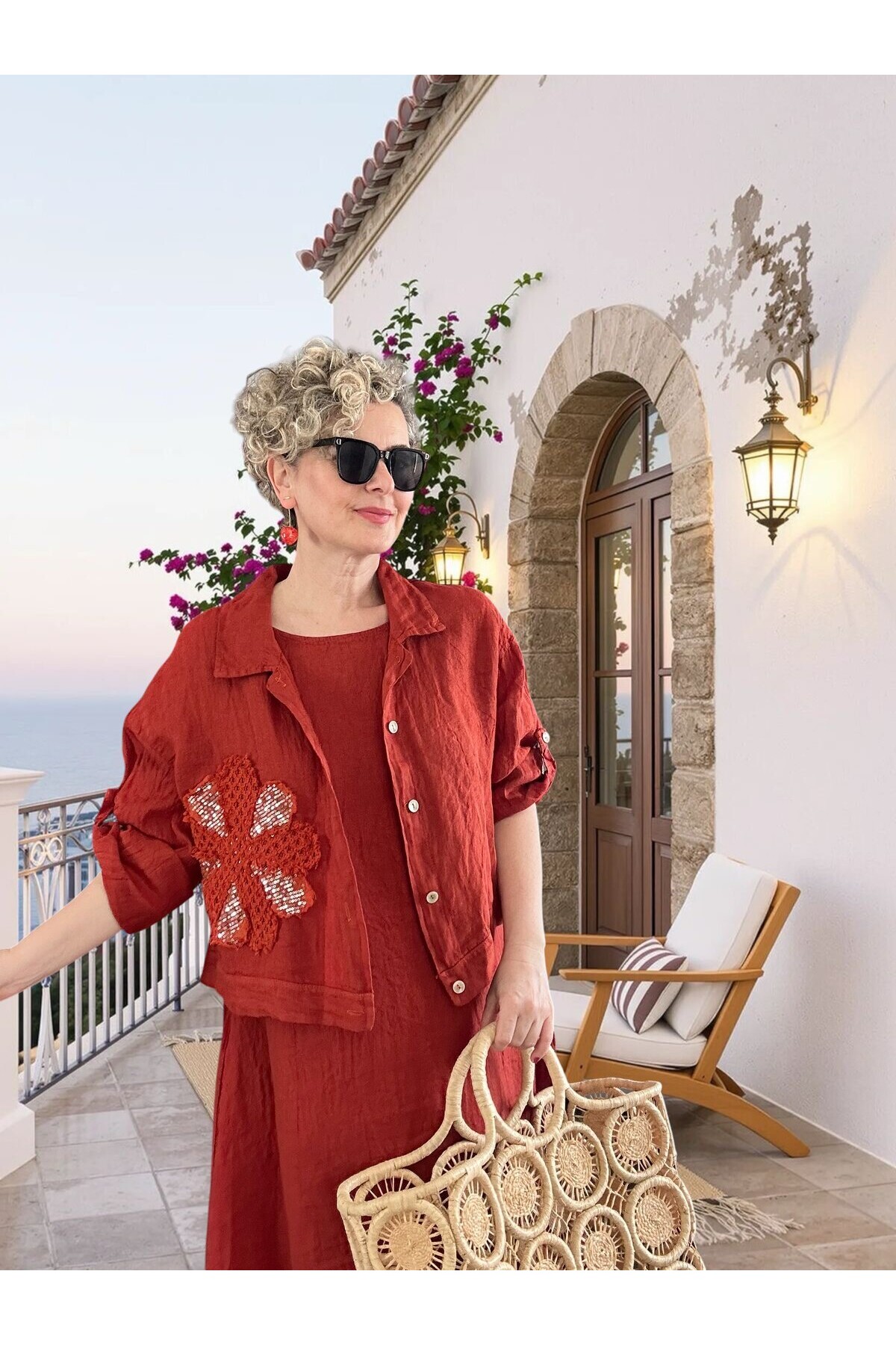 Kubba İthal %100 Linen Ceket & Kolsuz Elbise Takımı Papatya Kiremit