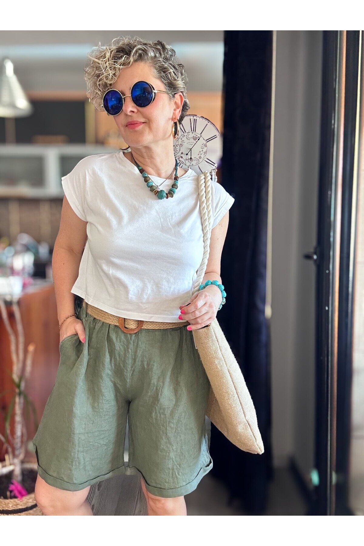 Lenasso İtalyan Stil Hasır Kemerli Keten Şort Haki