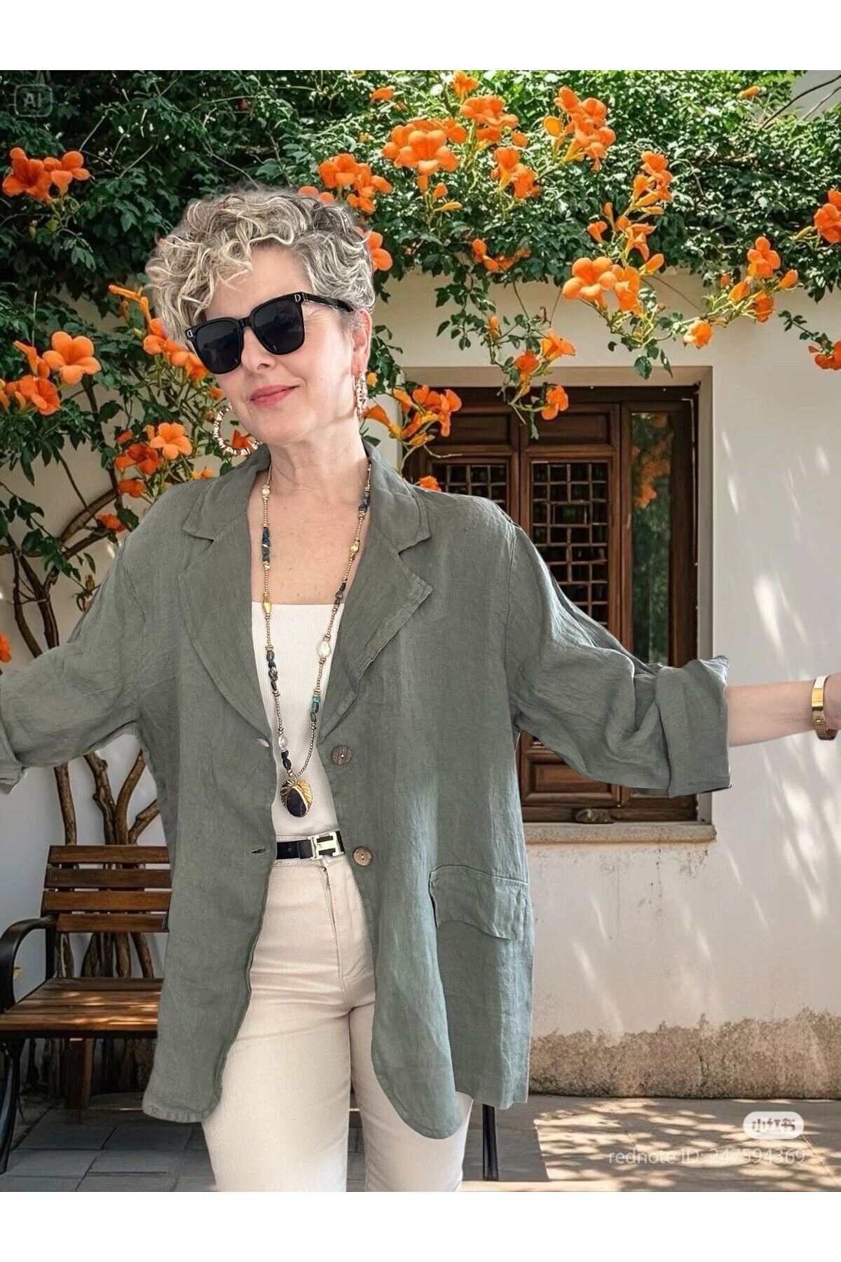 Lesso İtalyan Blazer Keten Ceket Haki Yeşil