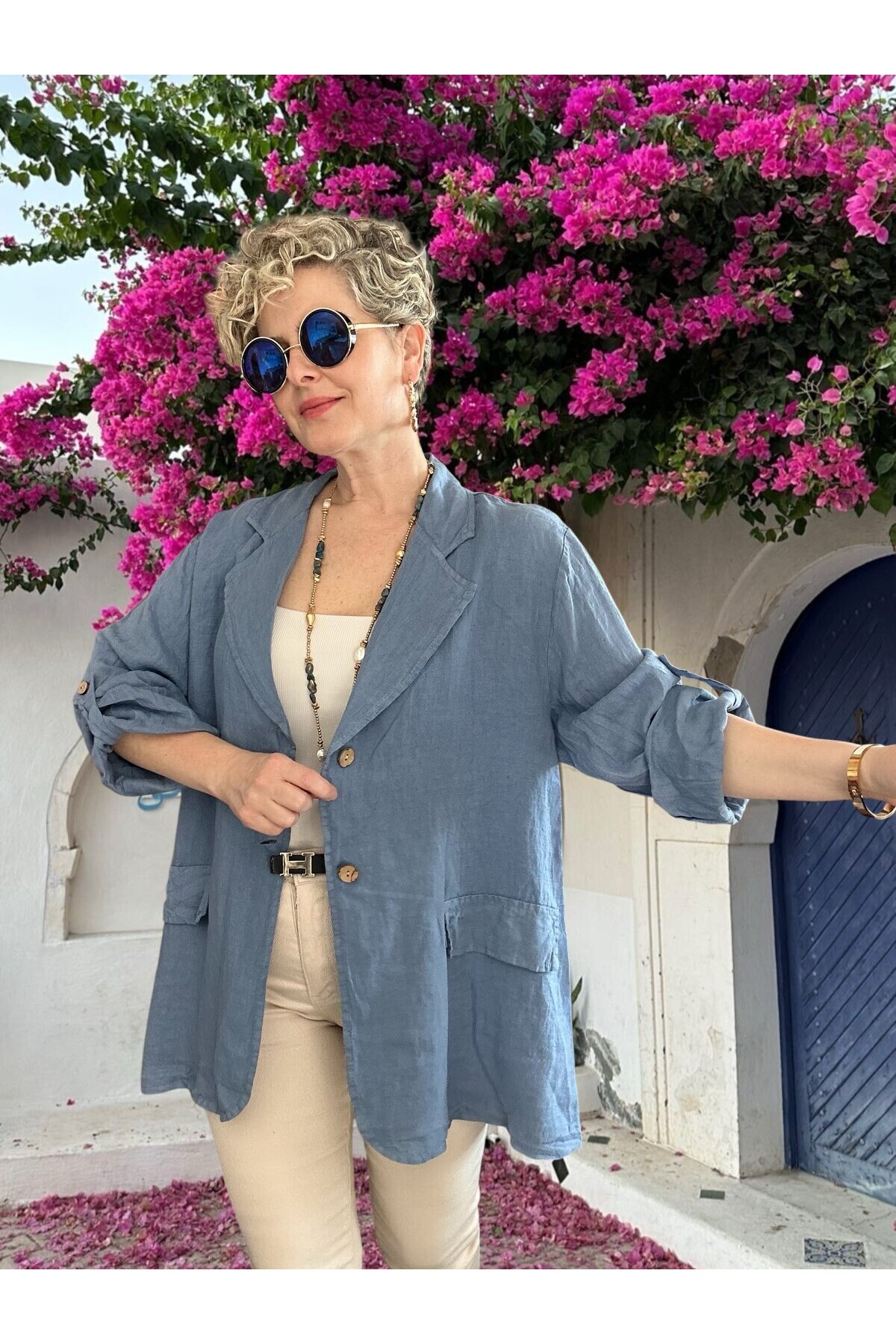 Lesso İtalyan Blazer Keten Ceket Jeans Mavi