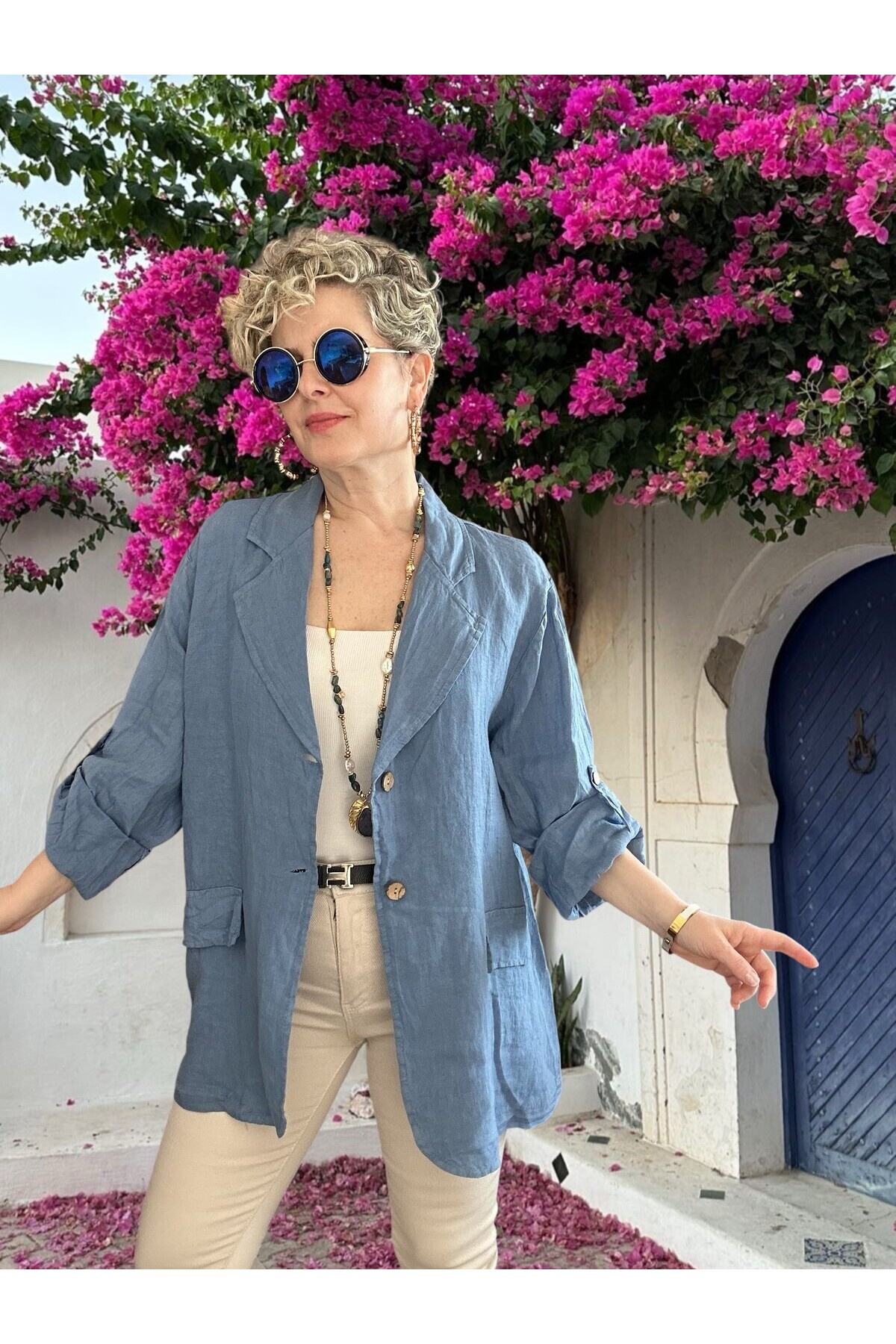 Lesso İtalyan Blazer Keten Ceket Jeans Mavi