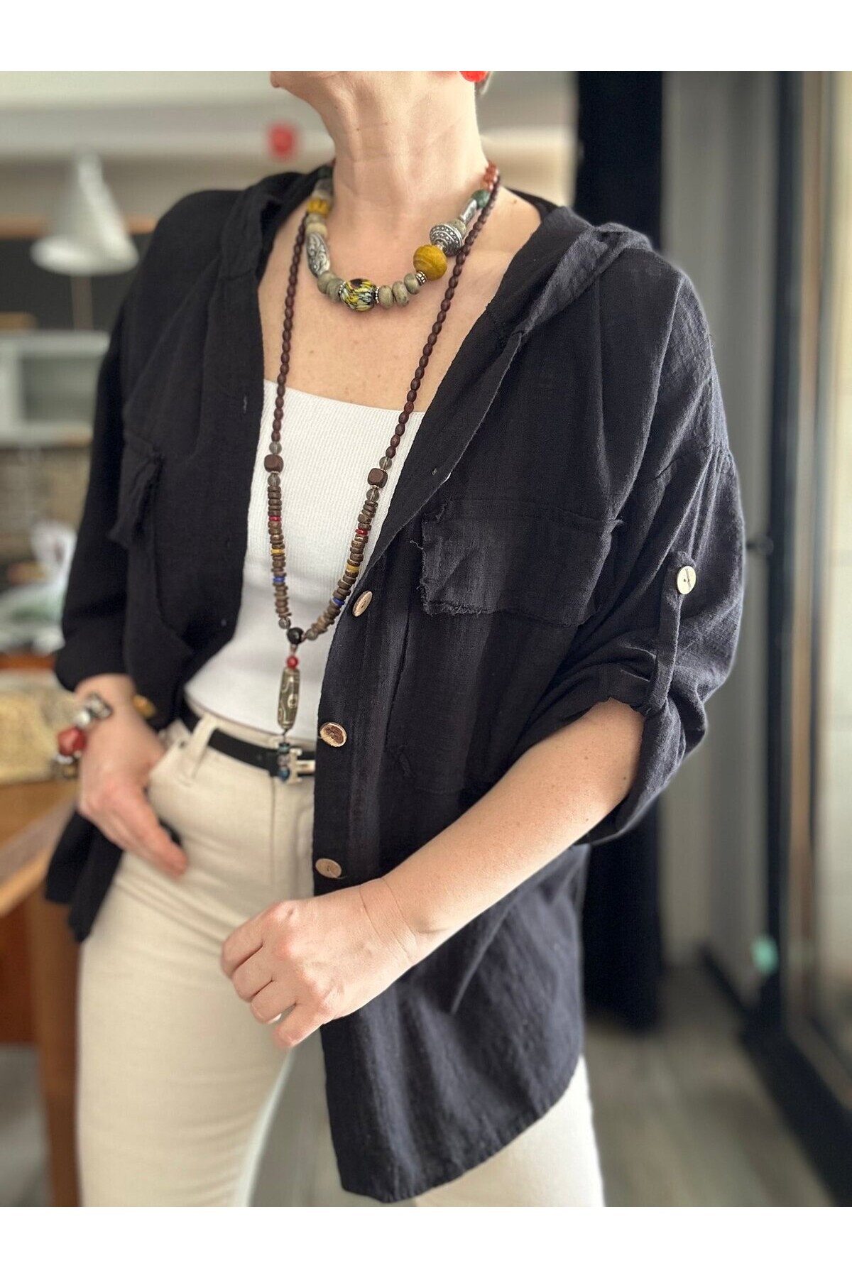 Lolly Vintage Kapşonlu Gömlek Ceket Siyah
