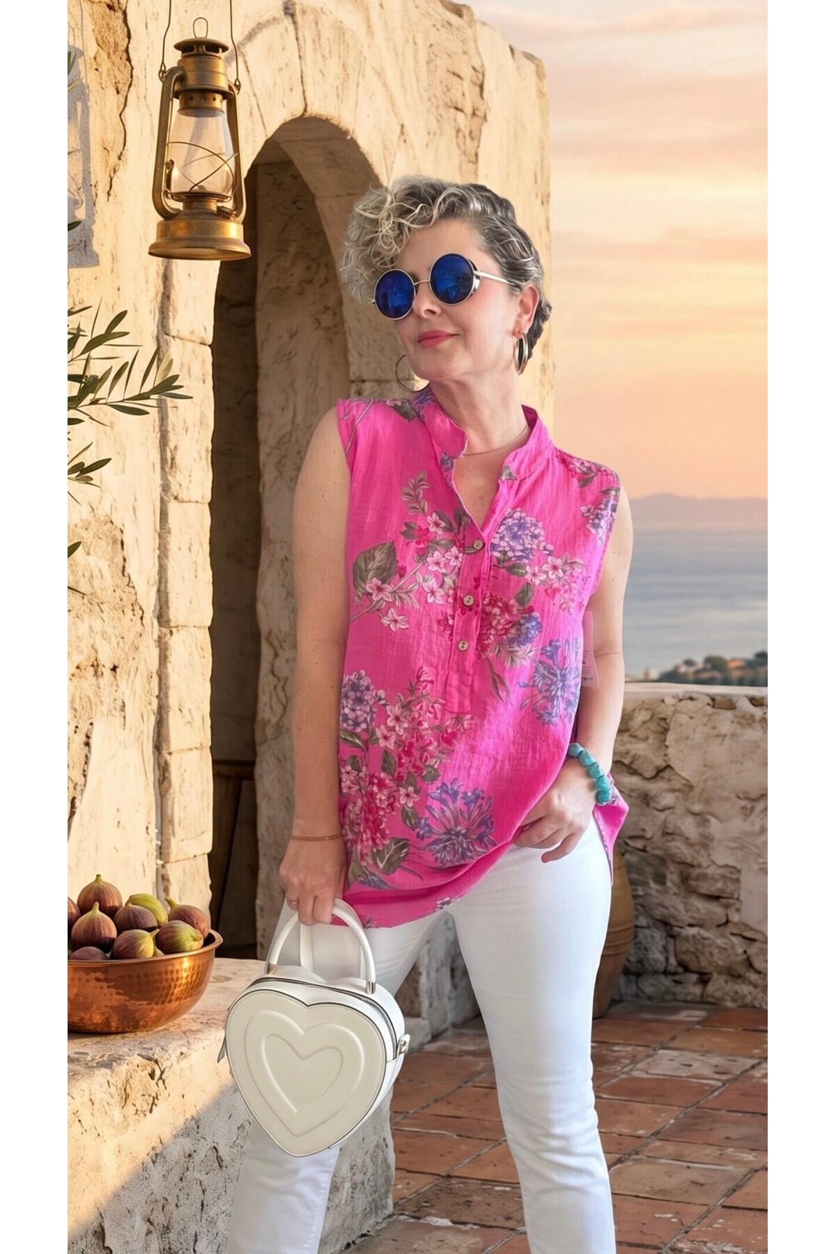 Massa Ortanca Desen Sıfır Kol İtalyan Bluz Fuşya