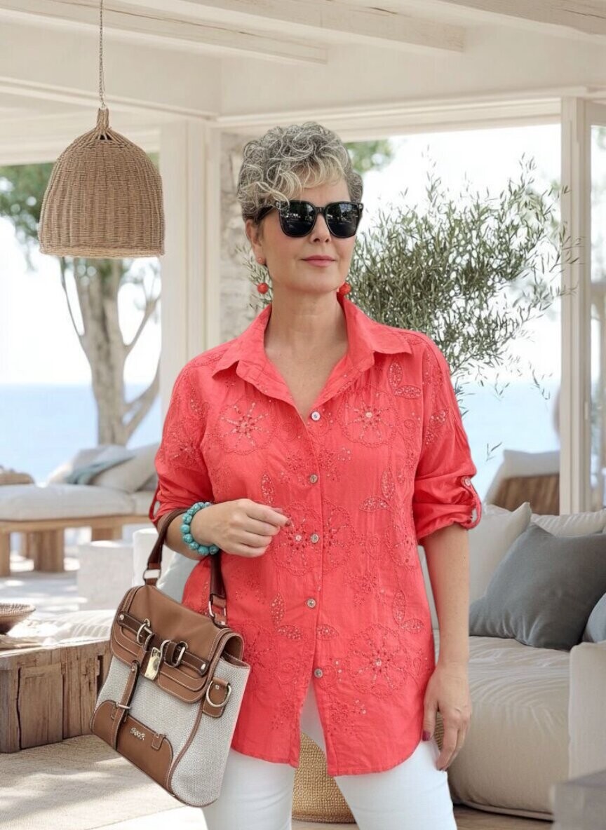 Melly İtalyan Fisto Pul Detay Gömlek Mercan