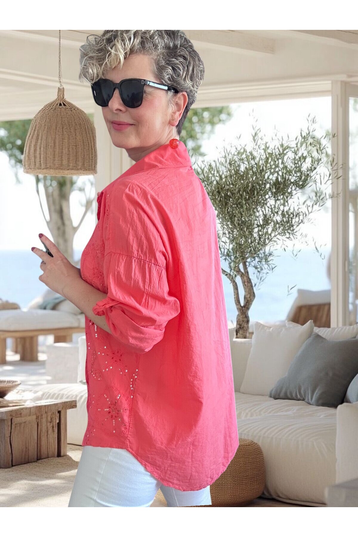 Melly İtalyan Fisto Pul Detay Gömlek Mercan