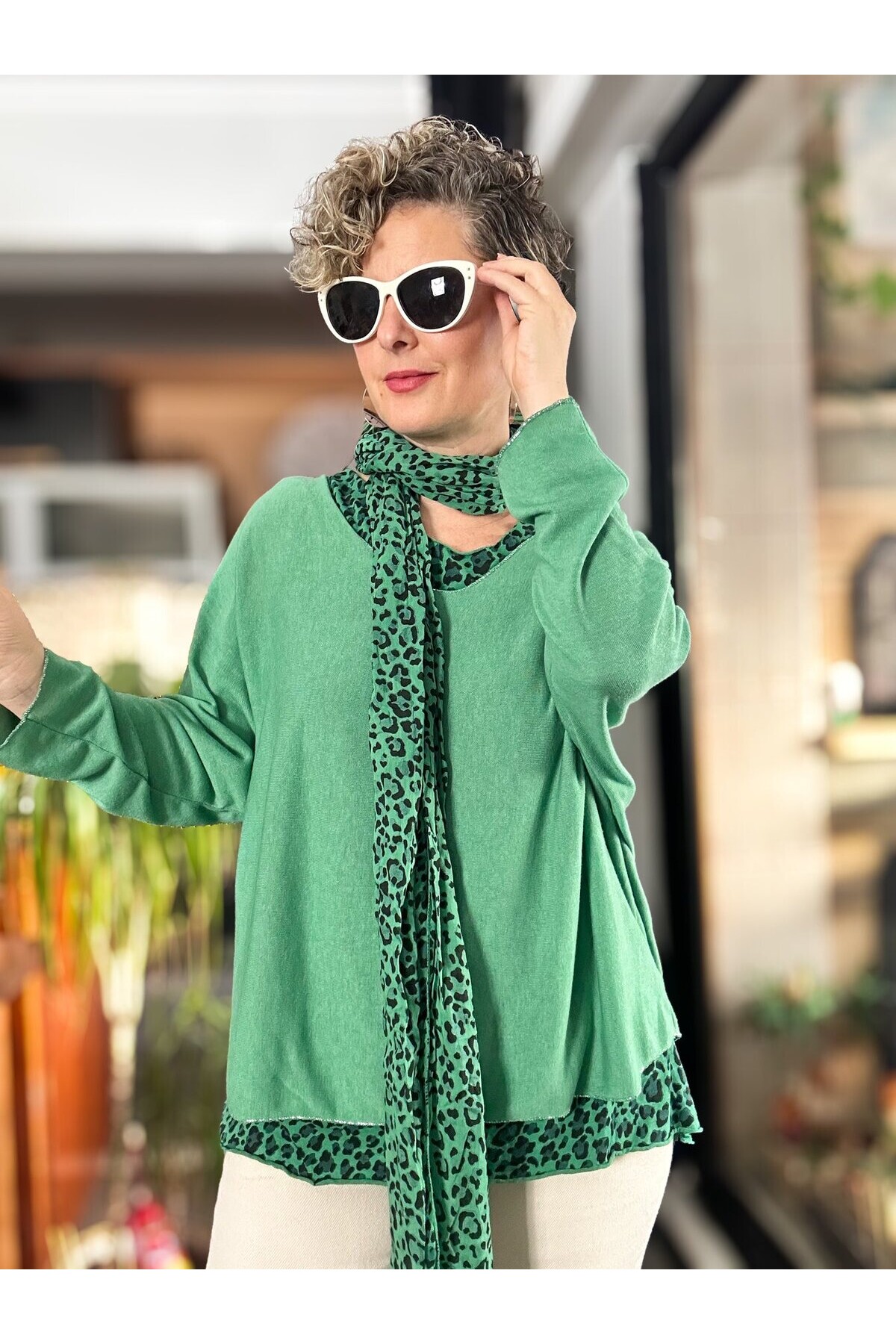 Meloni İtalyan Fularlı Atletli Bluz Triko Takım Açık Yeşil