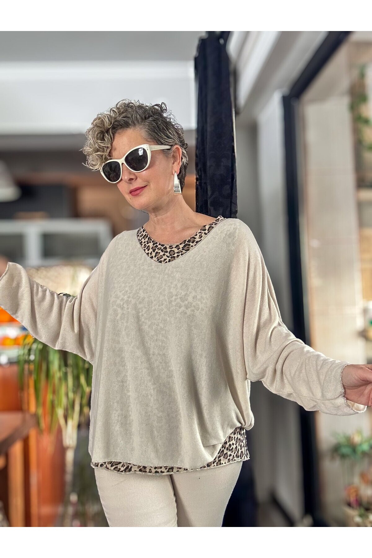 Meloni İtalyan Fularlı Atletli Bluz Triko Takım Beige