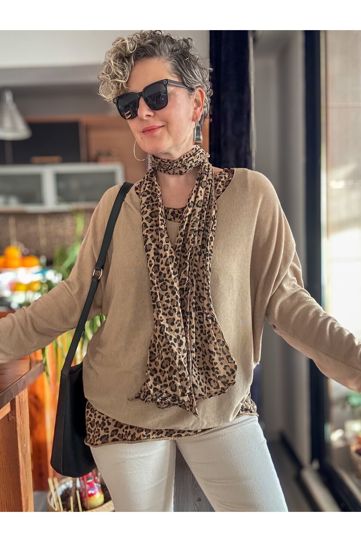 Meloni İtalyan Fularlı Atletli Bluz Triko Takım Cappuccino