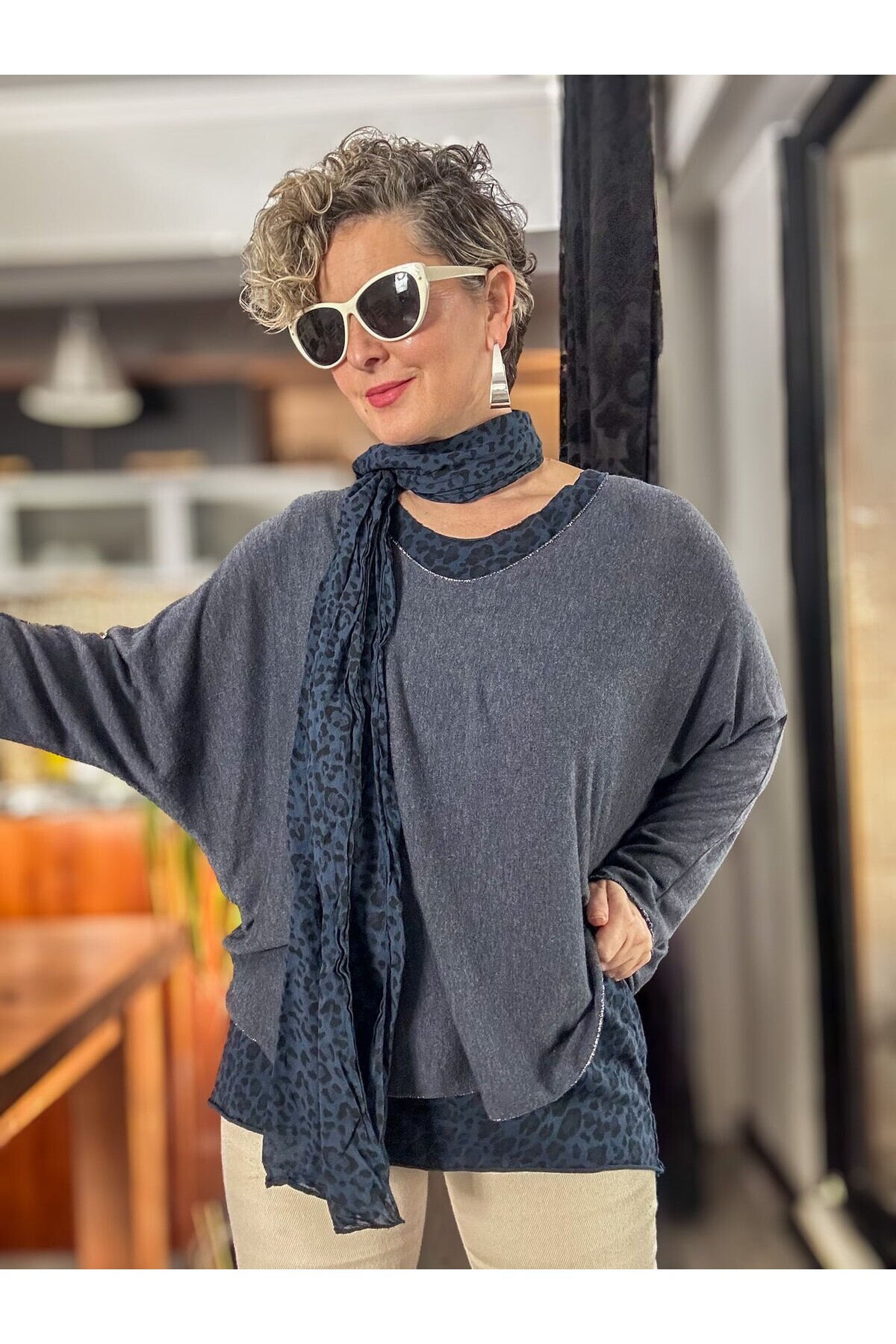 Meloni İtalyan Fularlı Atletli Bluz Triko Takım Lacivert
