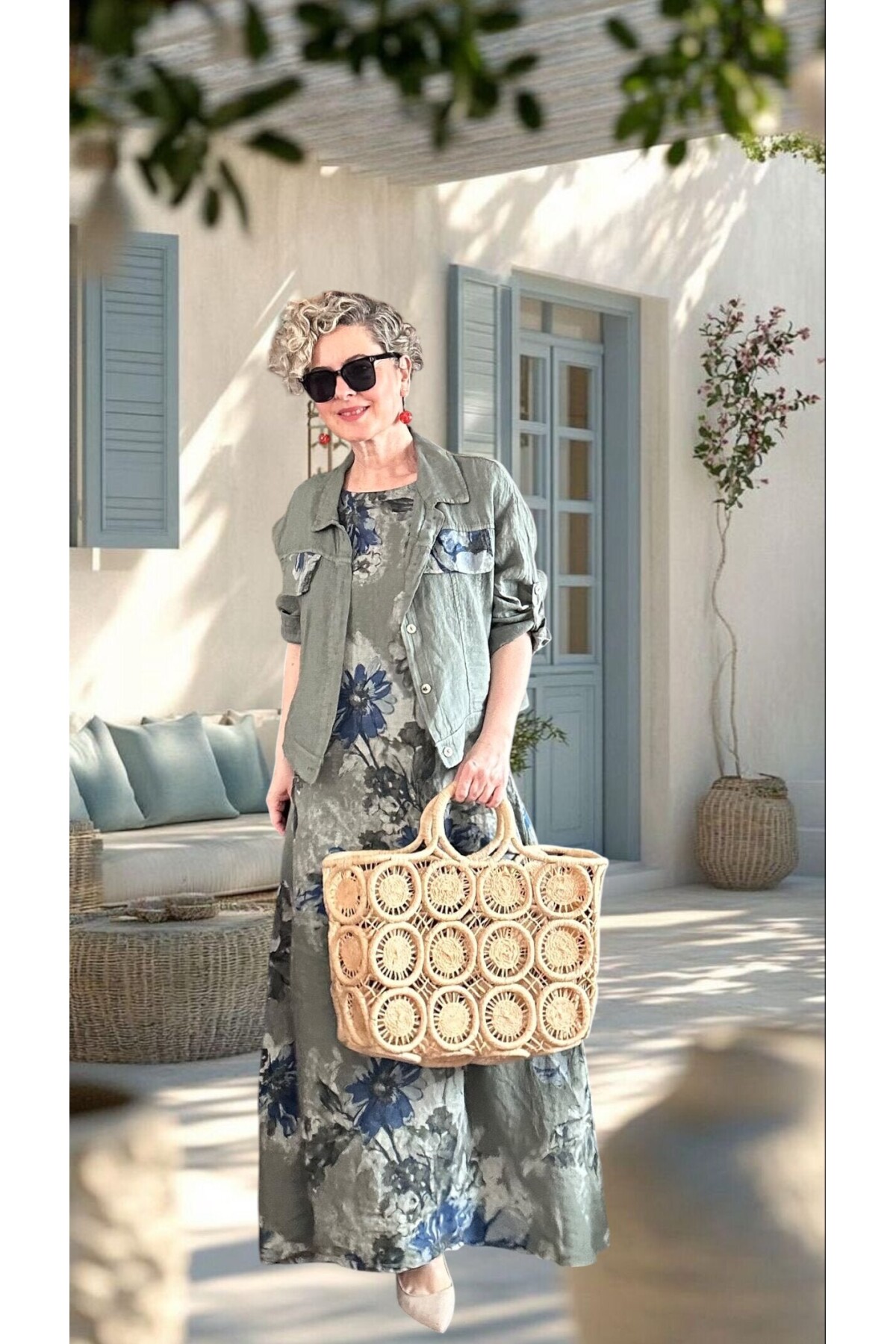 Mikka İthal %100 Linen Ceket & Kolsuz Elbise Takımı Haki