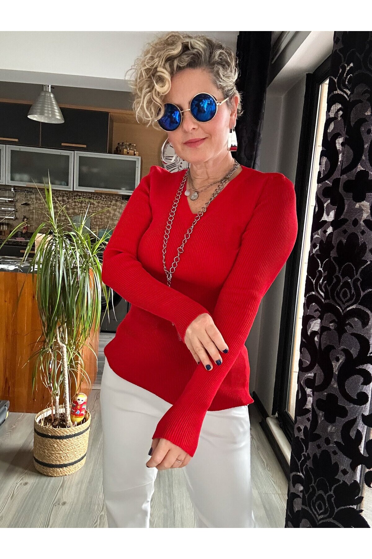 Mixx V Yaka Likralı Triko Bluz Kırmızı