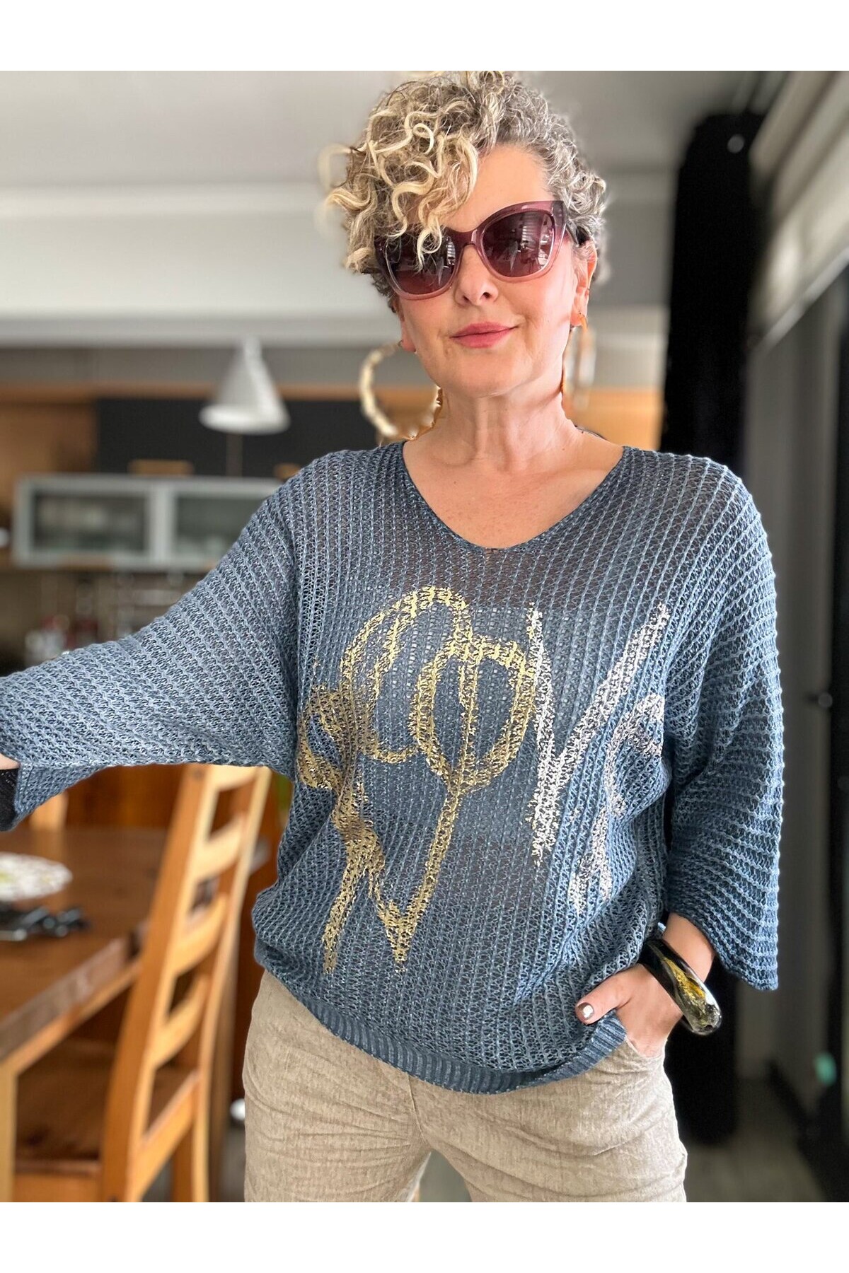 Nando İtalyan Varak Love Baskılı Triko Blue