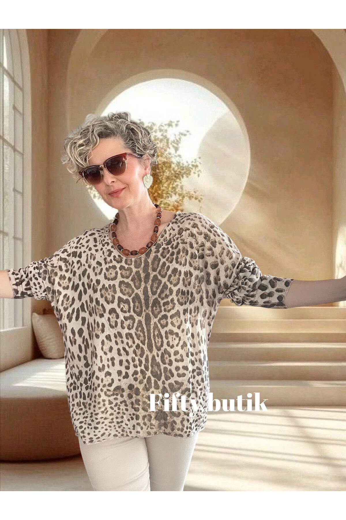 Nerro İtalyan Varak Baskı Leopar Bluz Bej