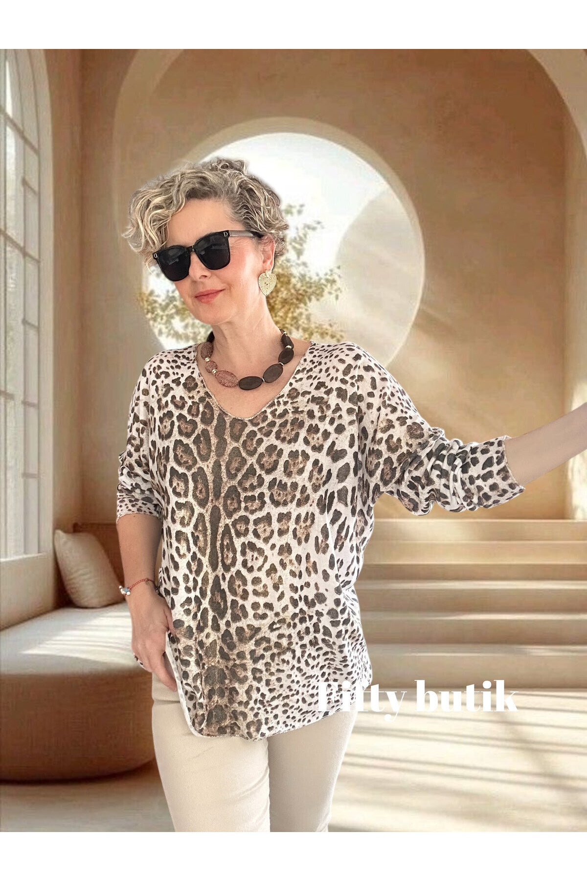 Nerro İtalyan Varak Baskı Leopar Bluz Beyaz