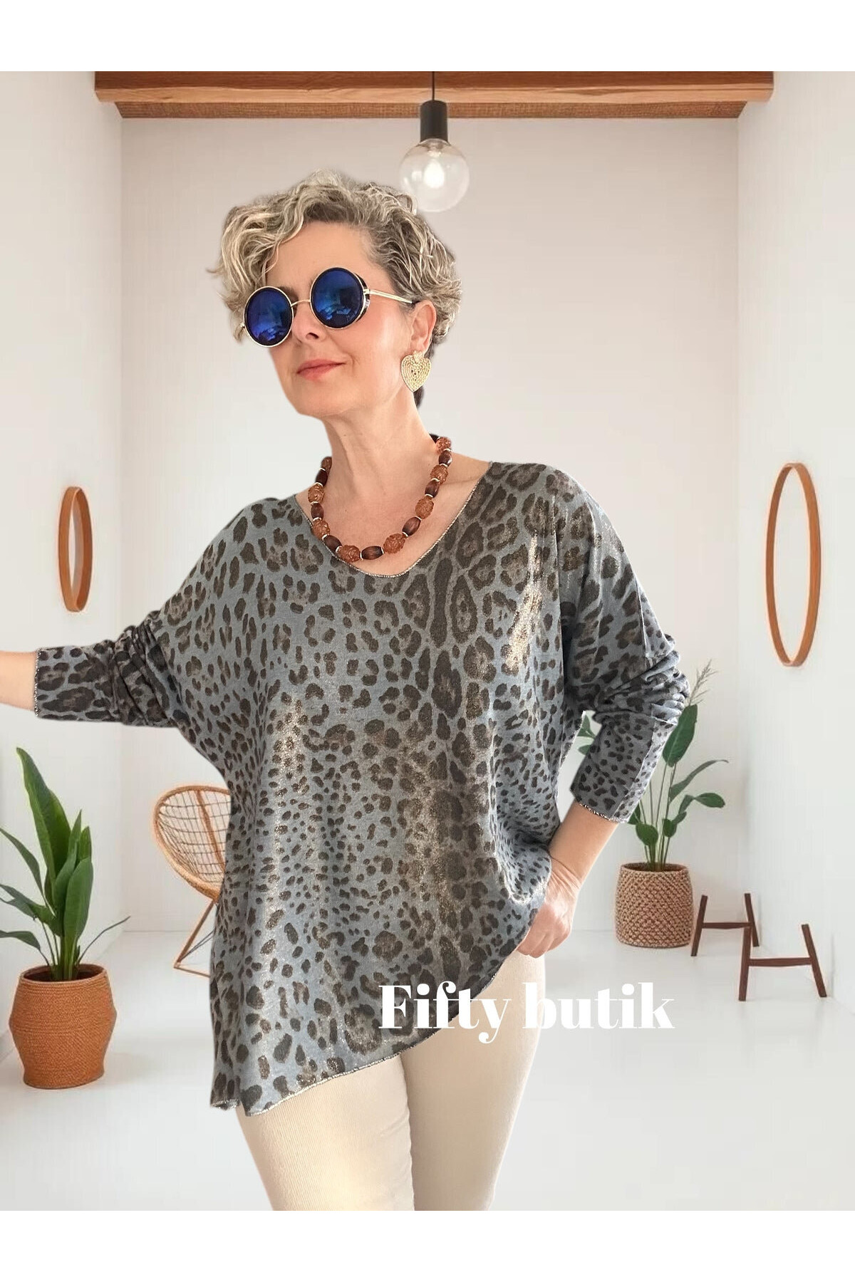 Nerro İtalyan Varak Baskı Leopar Bluz İndigo