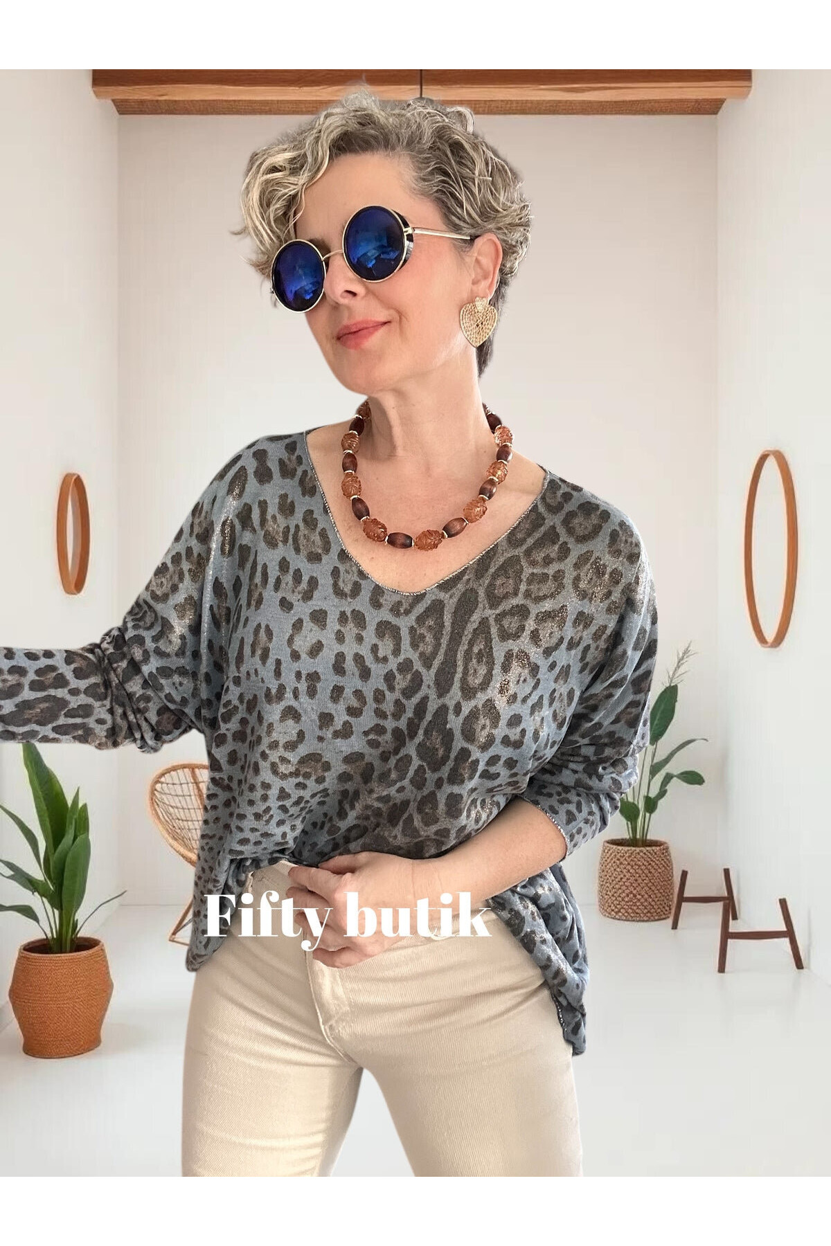 Nerro İtalyan Varak Baskı Leopar Bluz İndigo