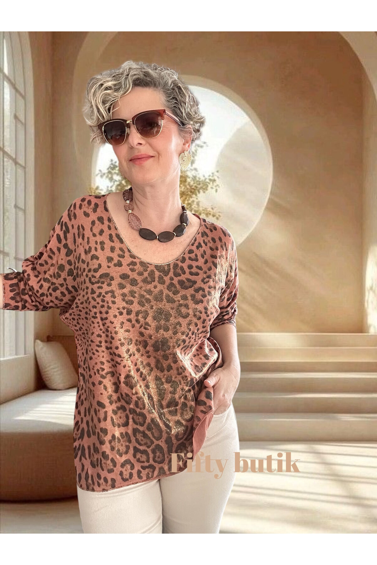 Nerro İtalyan Varak Baskı Leopar Bluz Kiremit