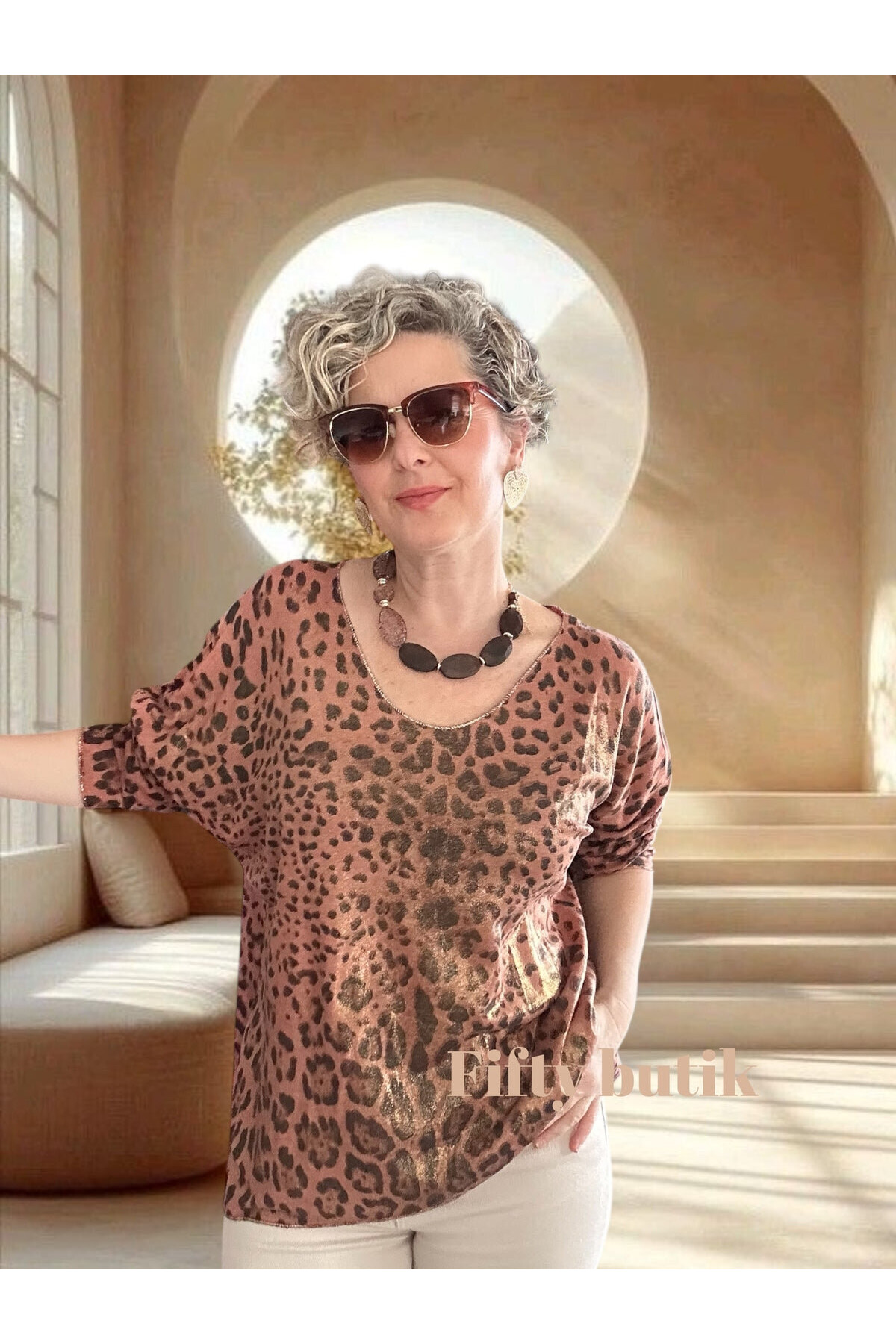 Nerro İtalyan Varak Baskı Leopar Bluz Kiremit