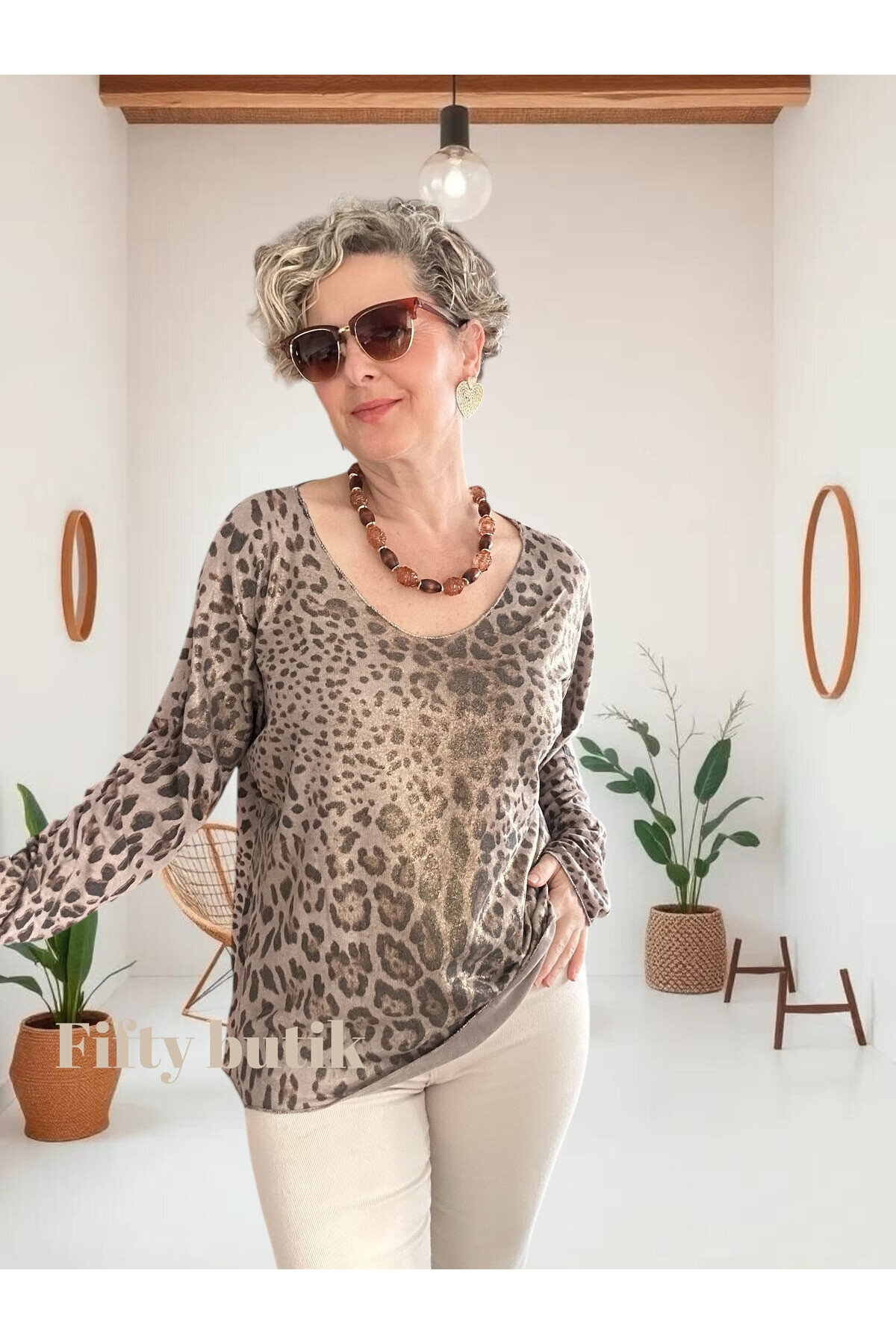 Nerro İtalyan Varak Baskı Leopar Bluz Vizon