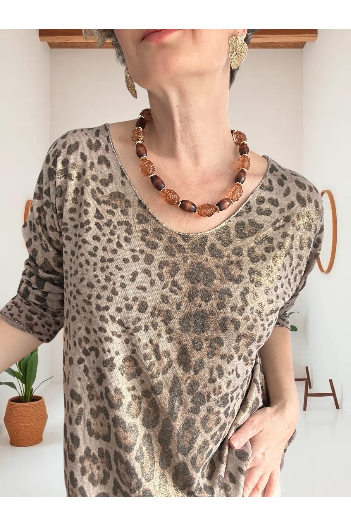 Nerro İtalyan Varak Baskı Leopar Bluz Vizon