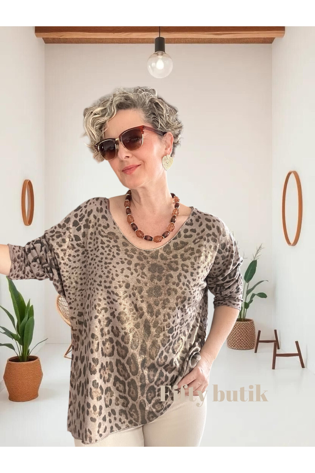 Nerro İtalyan Varak Baskı Leopar Bluz Vizon