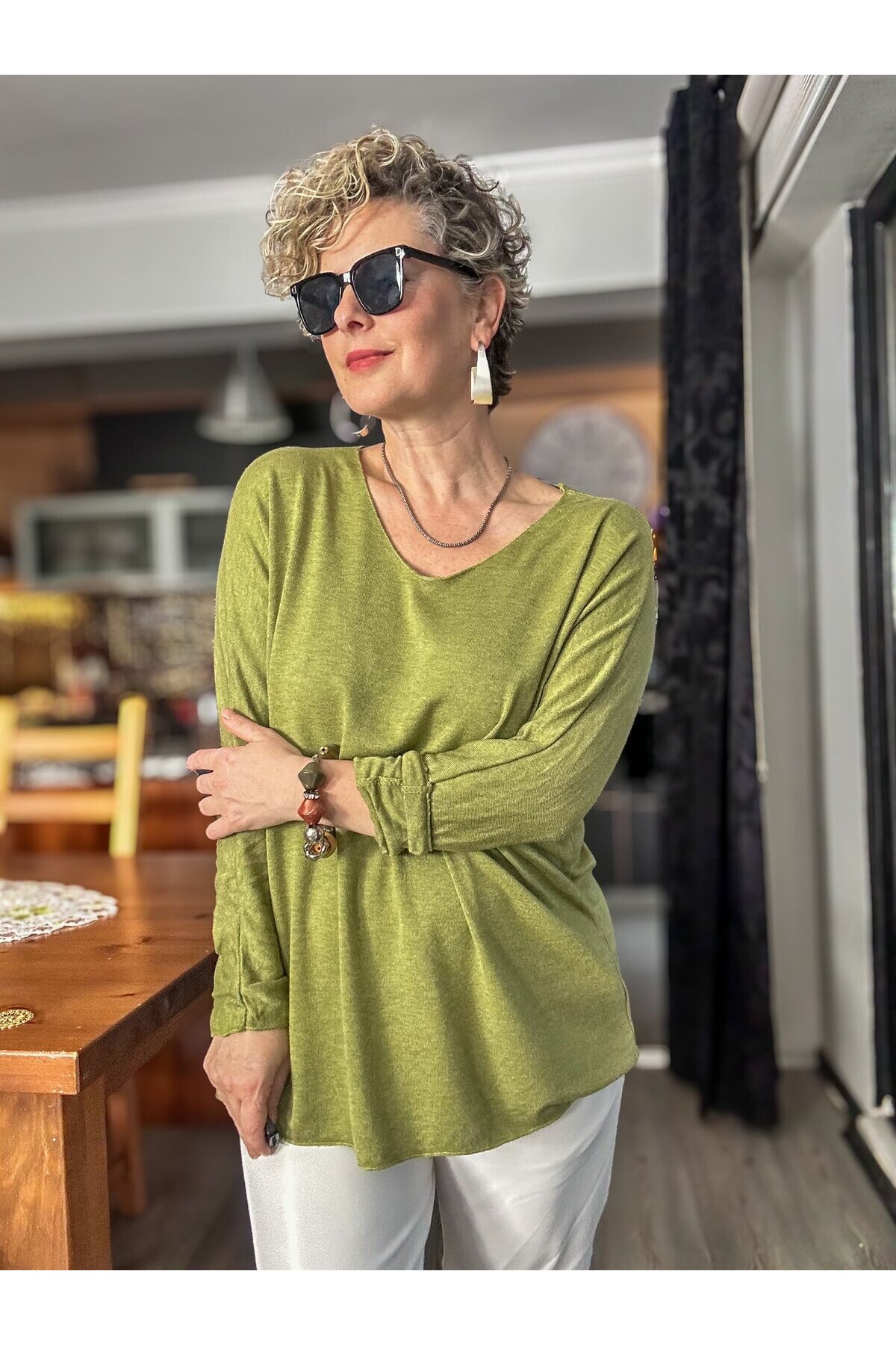 Nonna İthal V Yaka Tasarım Triko Fıstık Yeşil