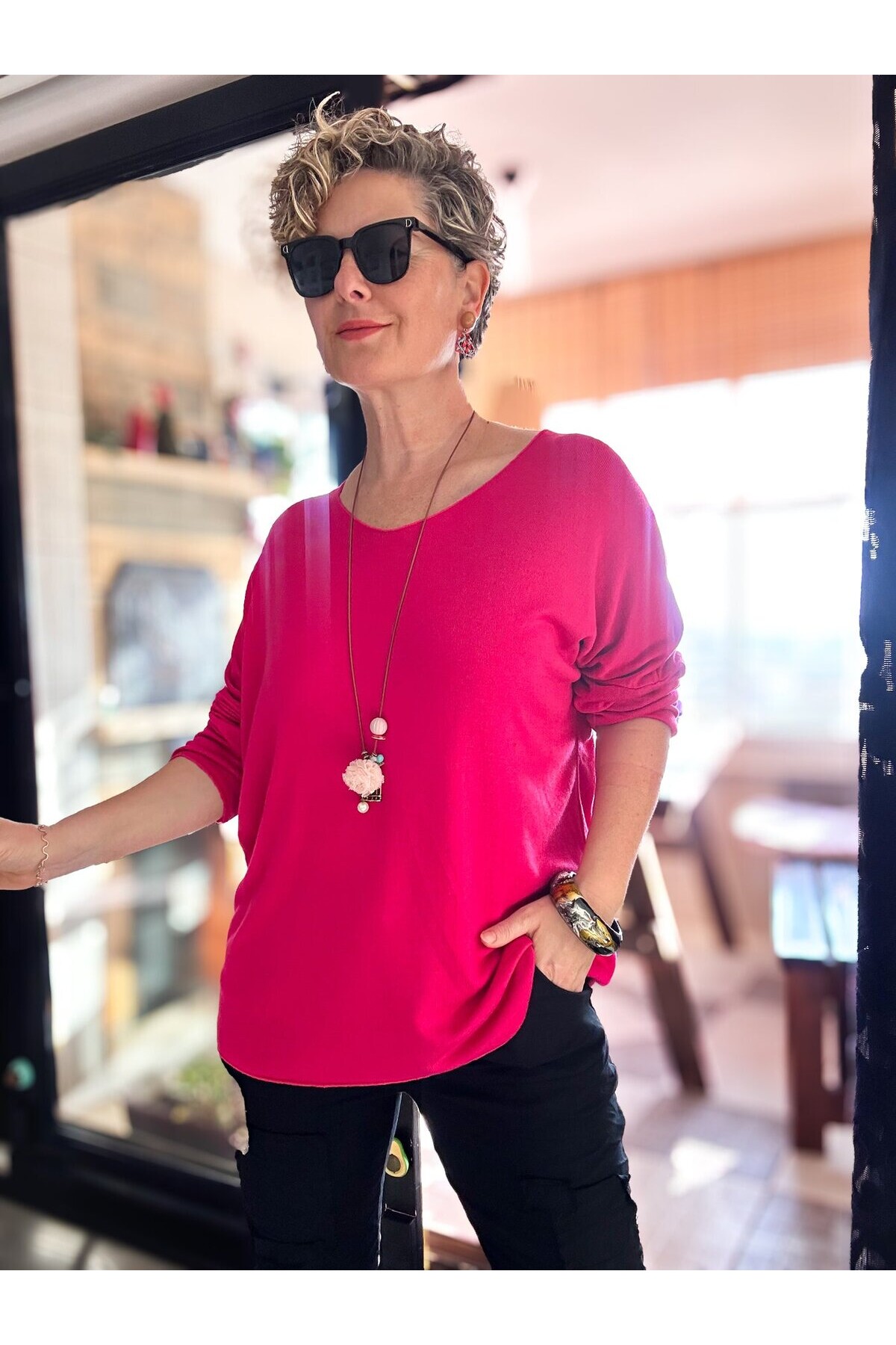 Nonna İthal V Yaka Tasarım Triko Fuşya