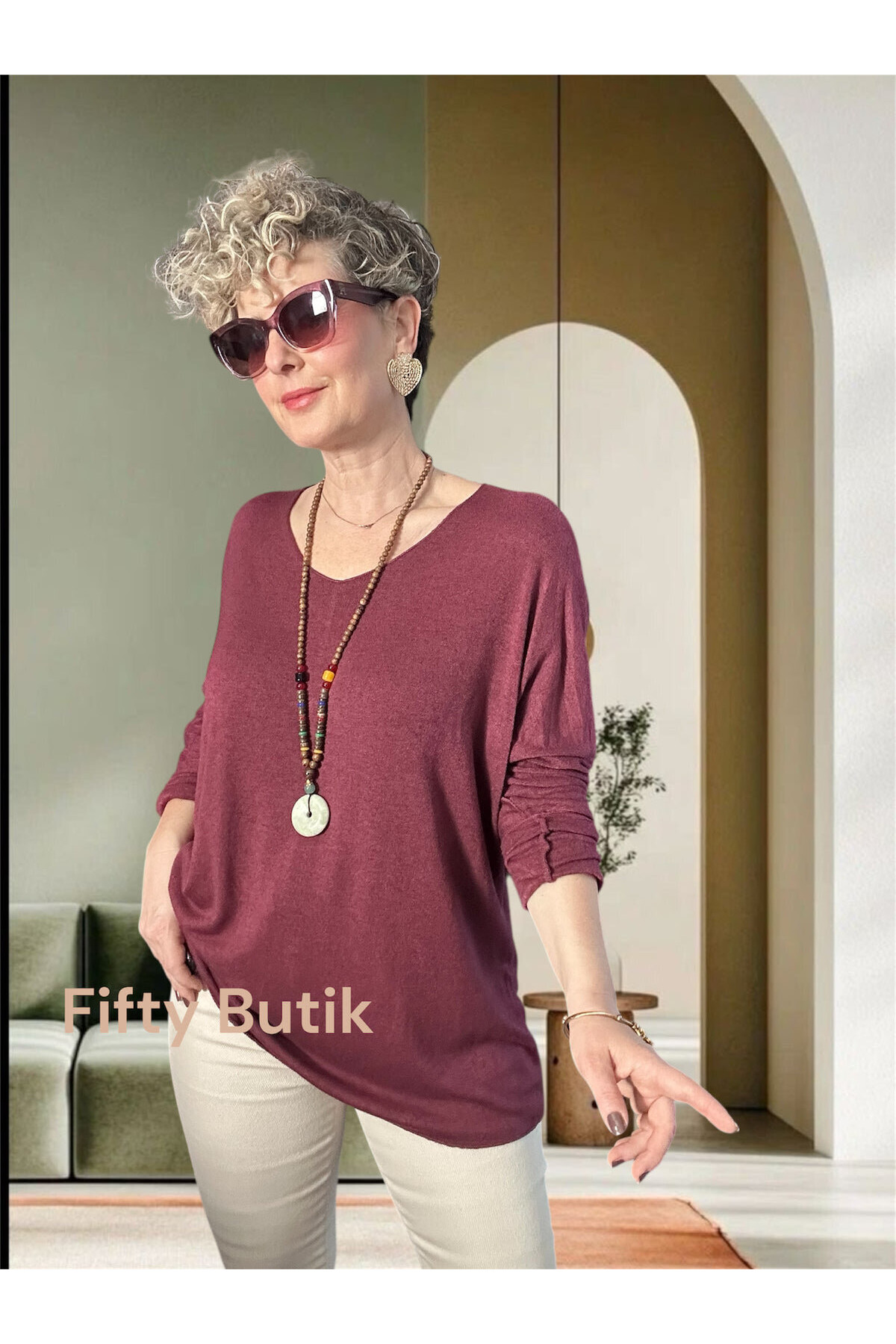 Nonna İthal V Yaka Tasarım Triko Mürdüm