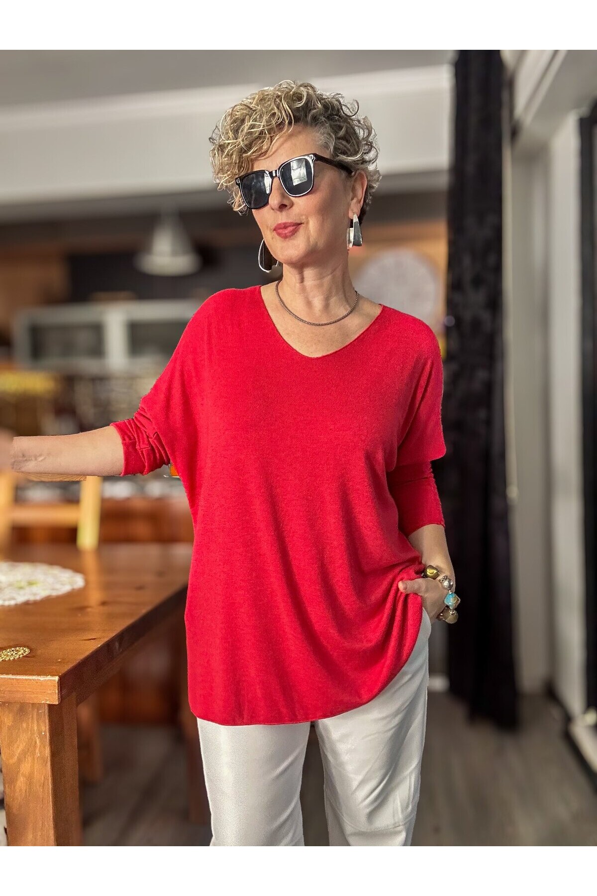 Nonna İthal V Yaka Tasarım Triko Nar Çiçeği