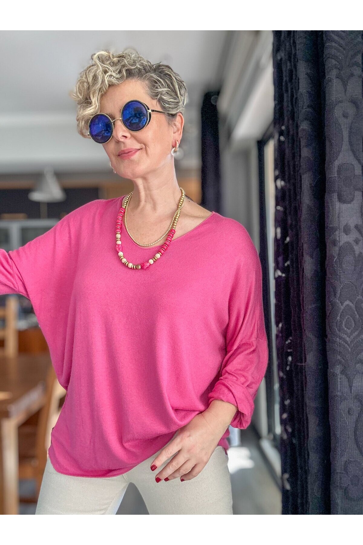 Nonna İthal V Yaka Tasarım Triko Pembe