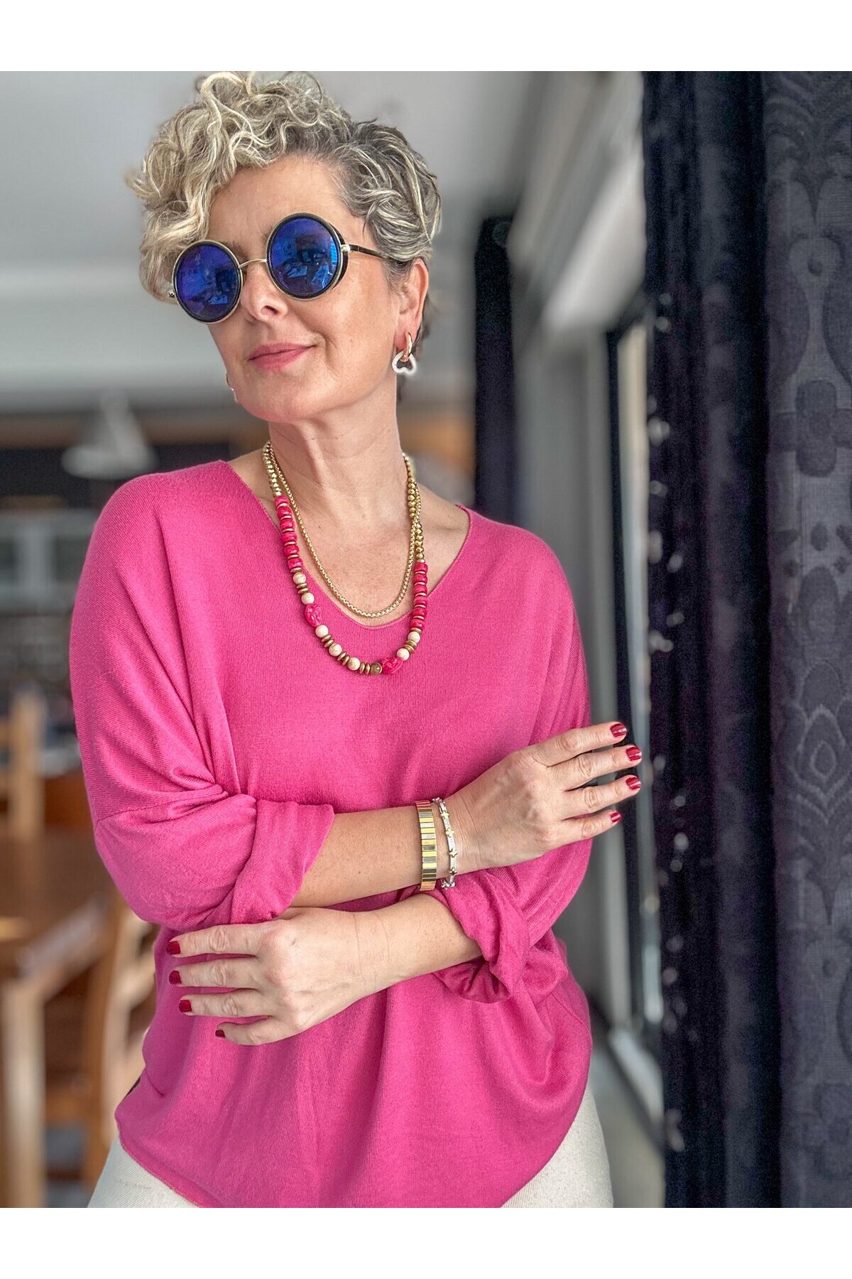 Nonna İthal V Yaka Tasarım Triko Pembe
