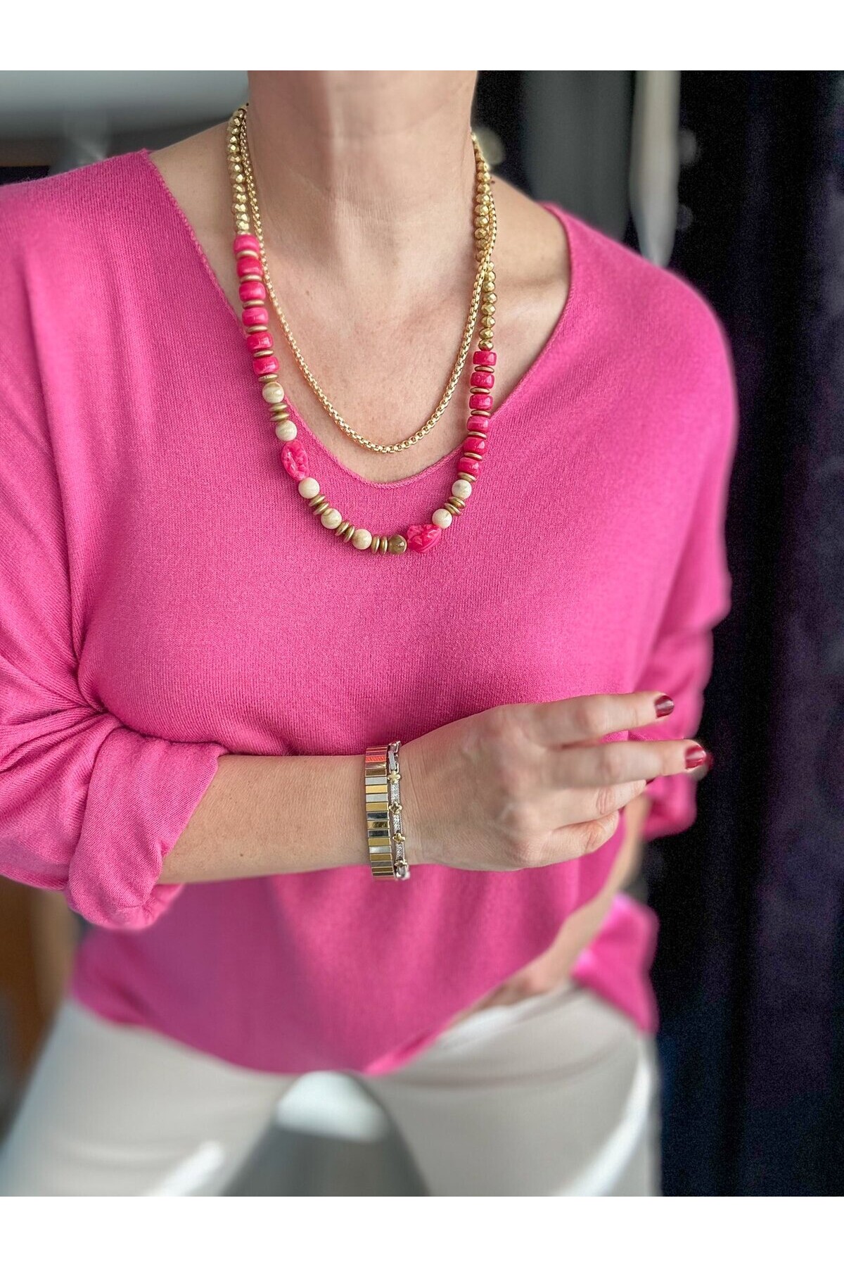 Nonna İthal V Yaka Tasarım Triko Pembe