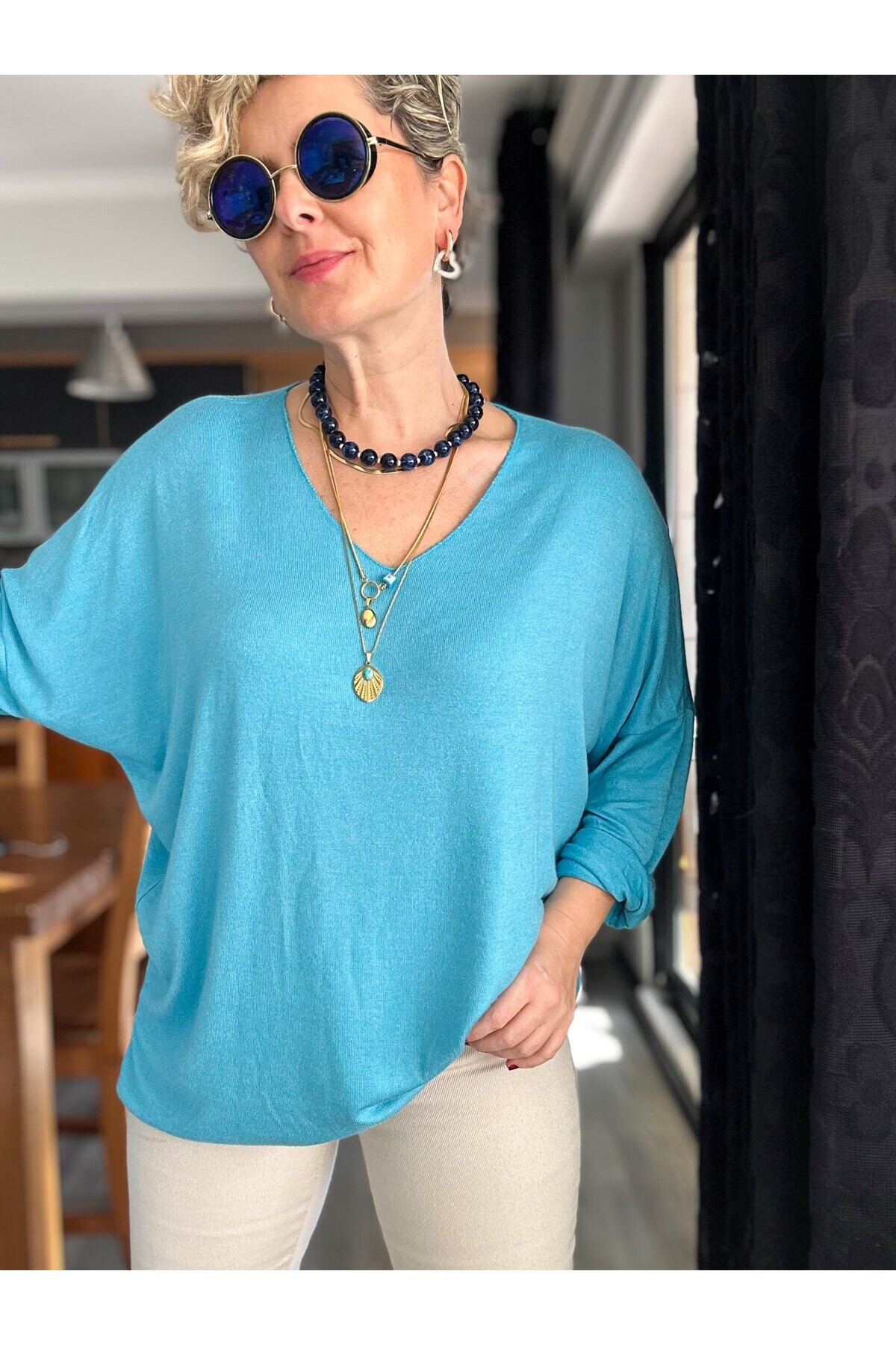 Nonna İthal V Yaka Tasarım Triko Turkuaz