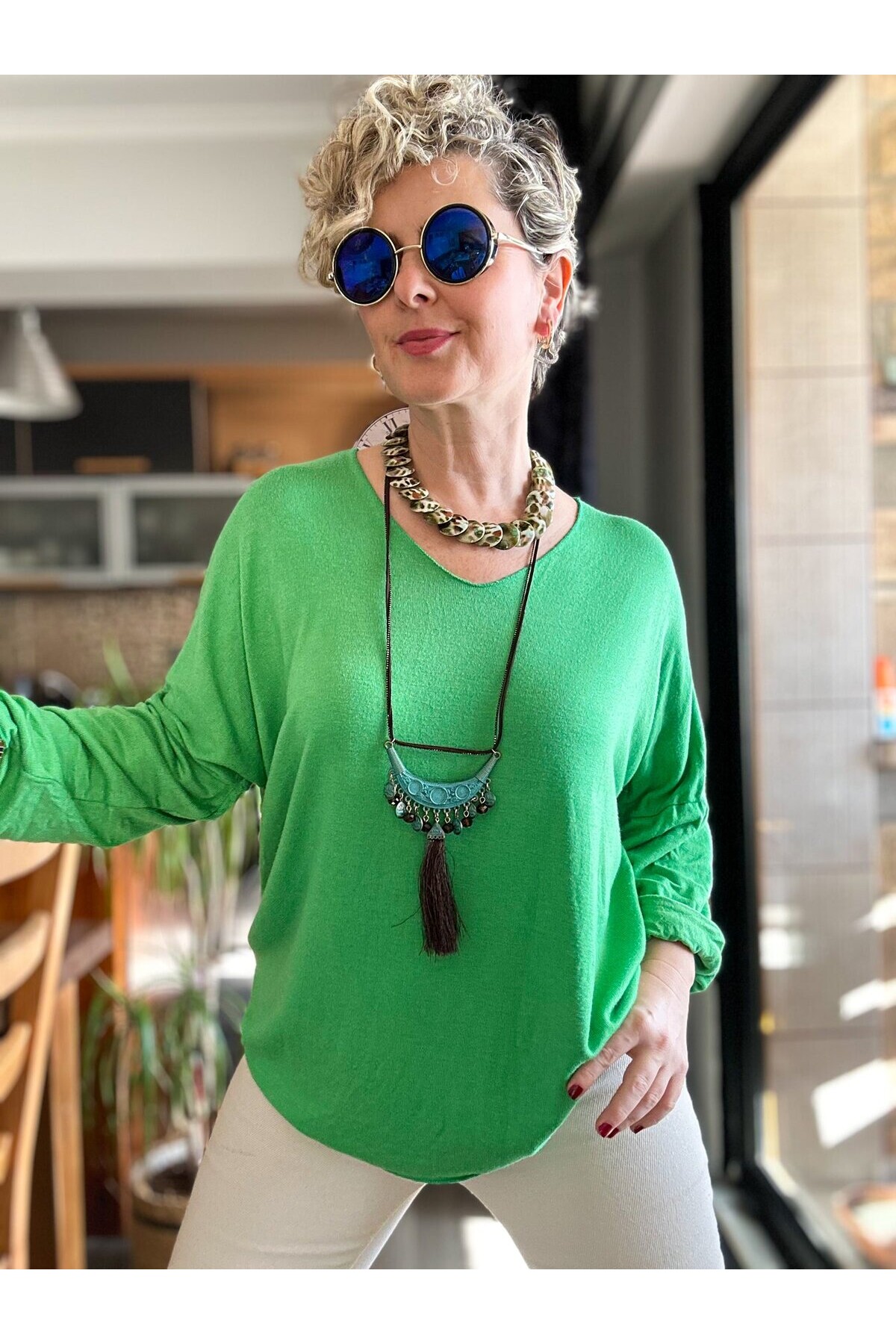 Nonna İthal V Yaka Tasarım Triko Yeşil