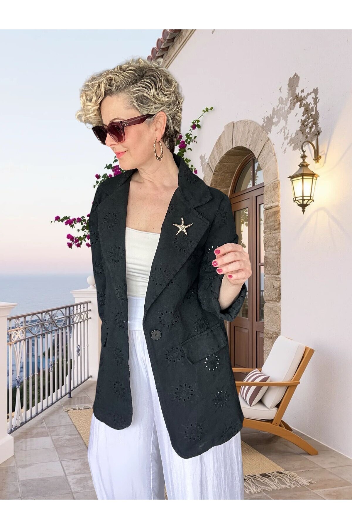 Primma | Fisto Nakışlı & Yıldız Broşlu Pamuk Blazer Siyah