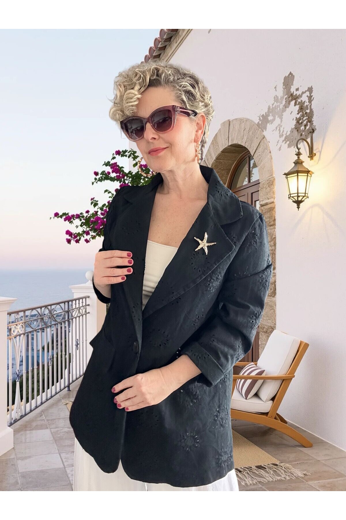 Primma | Fisto Nakışlı & Yıldız Broşlu Pamuk Blazer Siyah