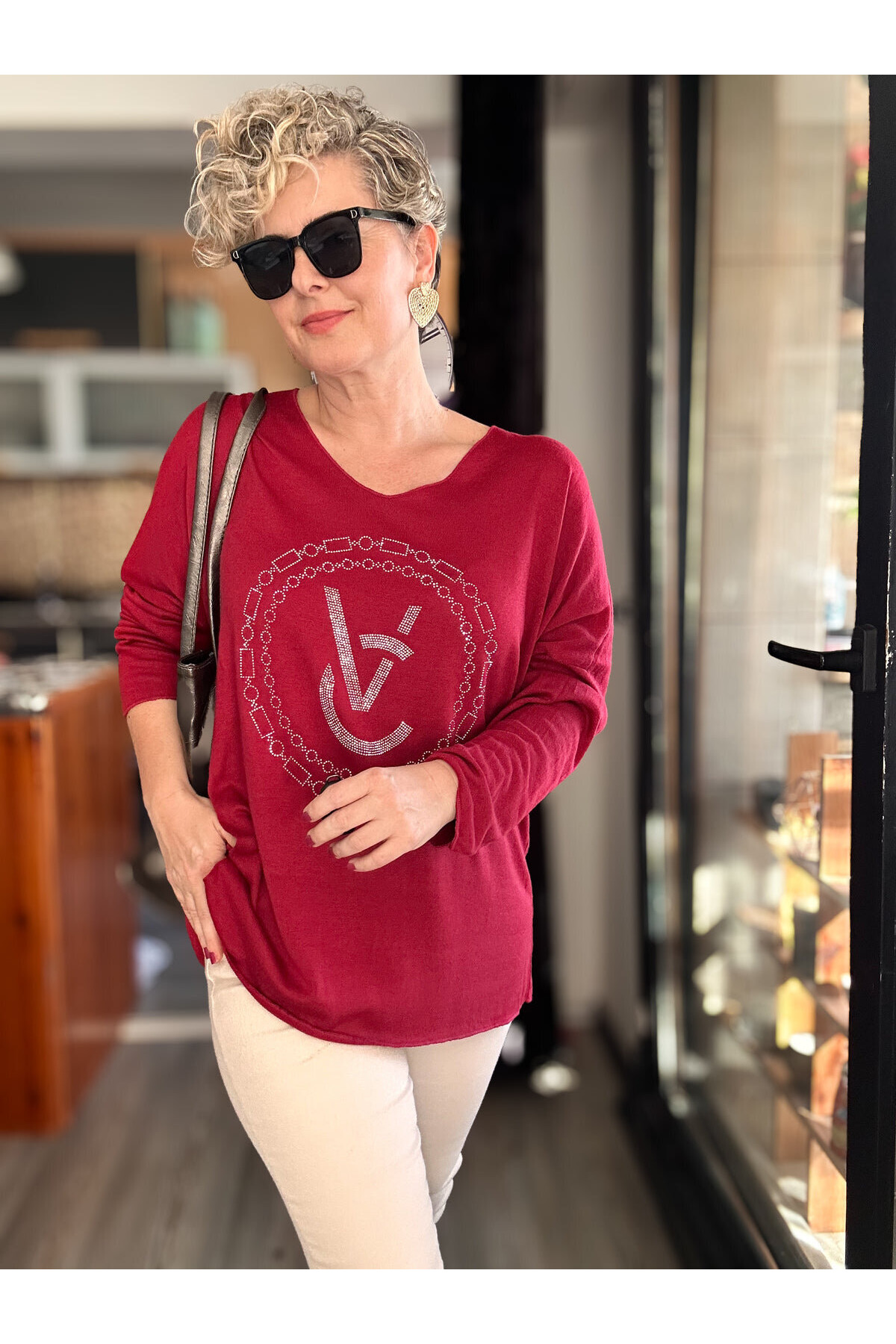 Rasly İtalyan Taş Detay Triko Bluz Red