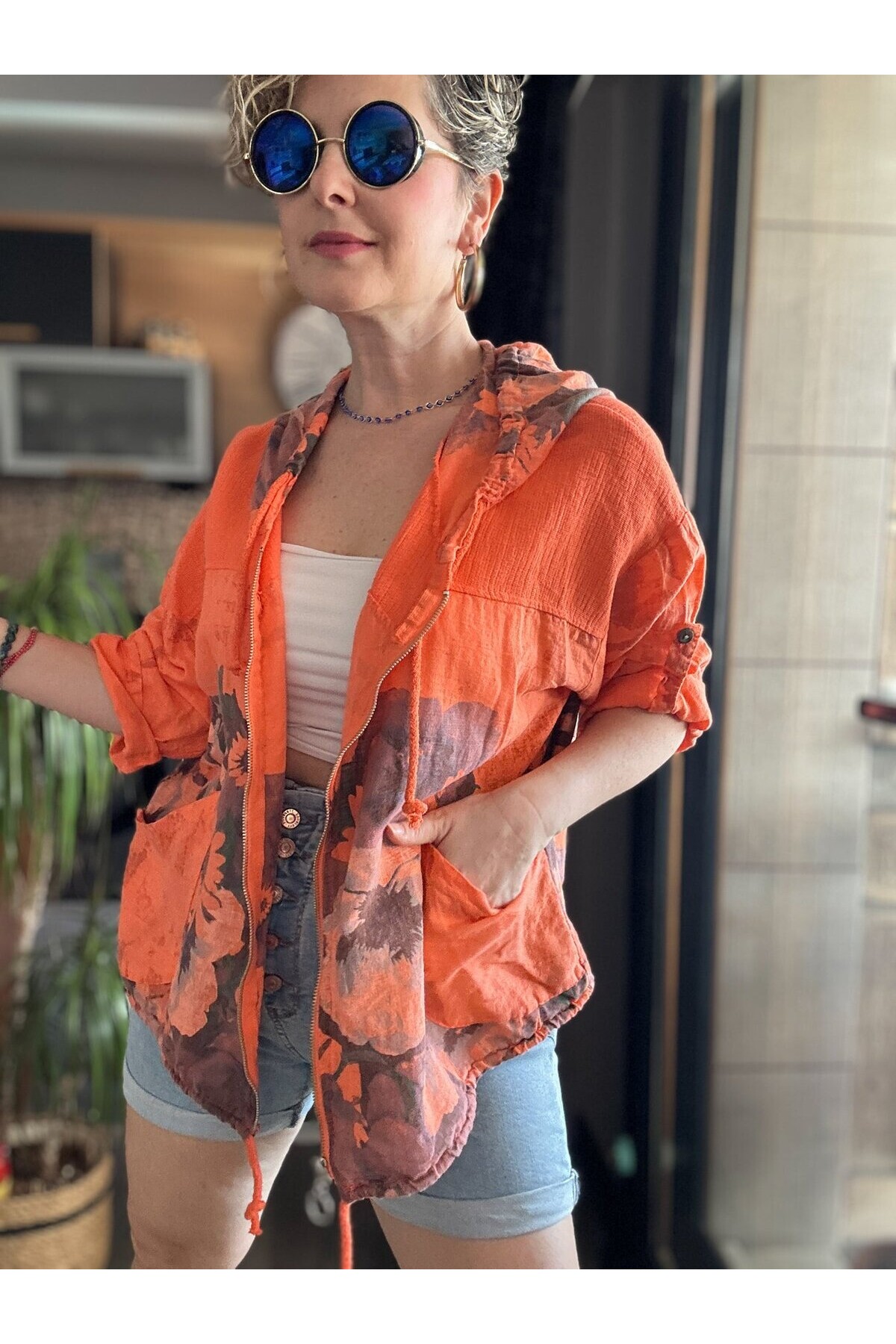Satti İtalyan Tasarım Çiçek Desen Kapşon Ceket Orange