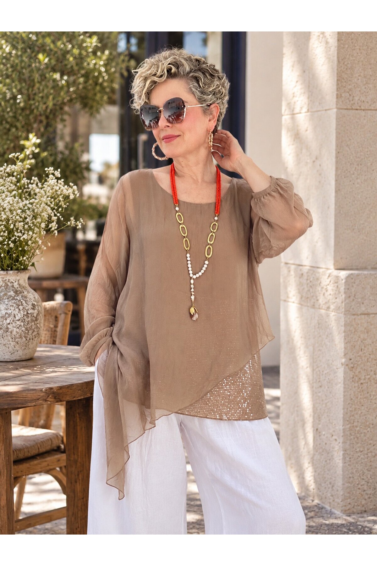 Sette Asimetrik Kesim Payetli İpek Kollu Premium Bluz Camel