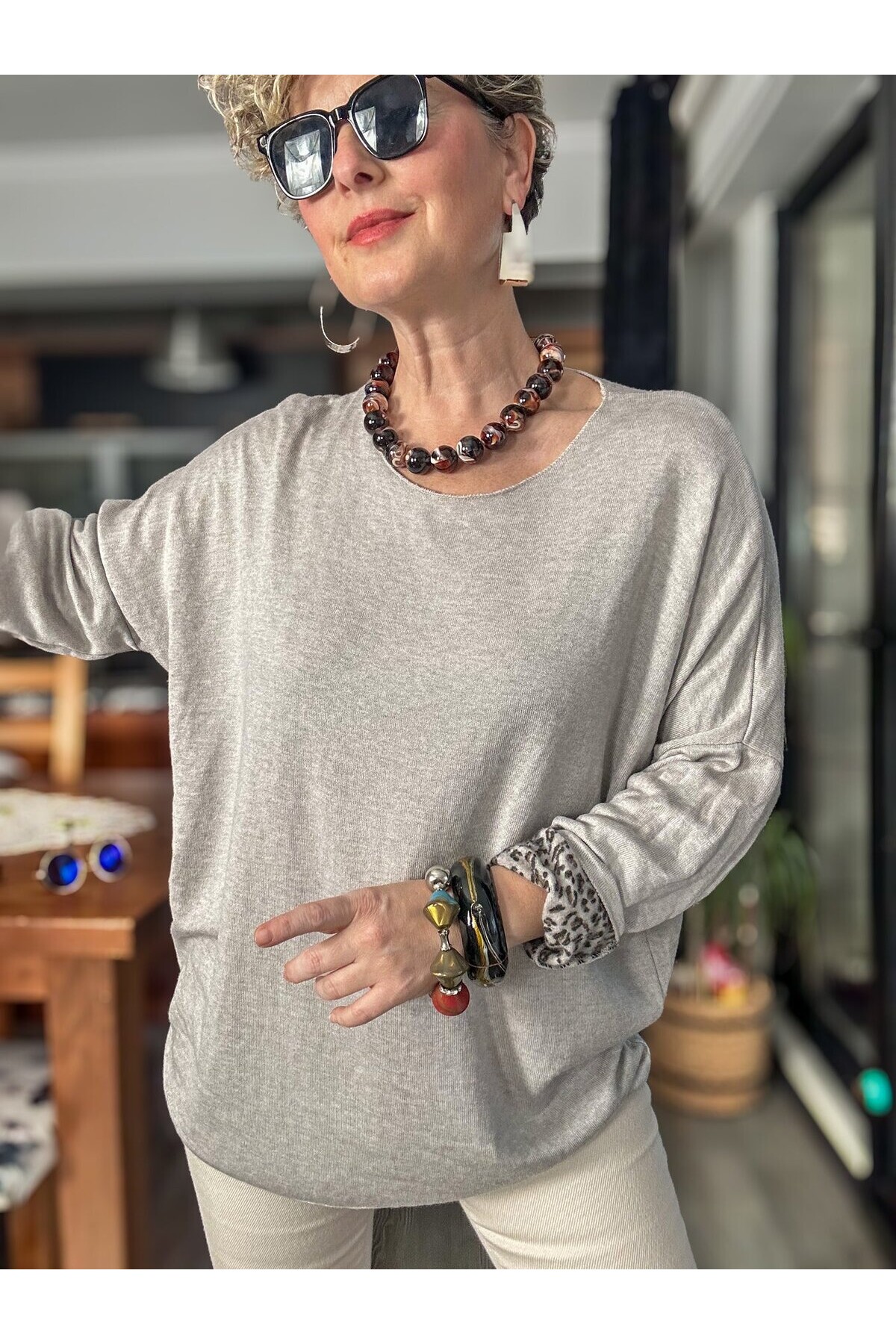 Sosa İtalyan Leopar Desen Yuvarlak Yaka Triko Beige