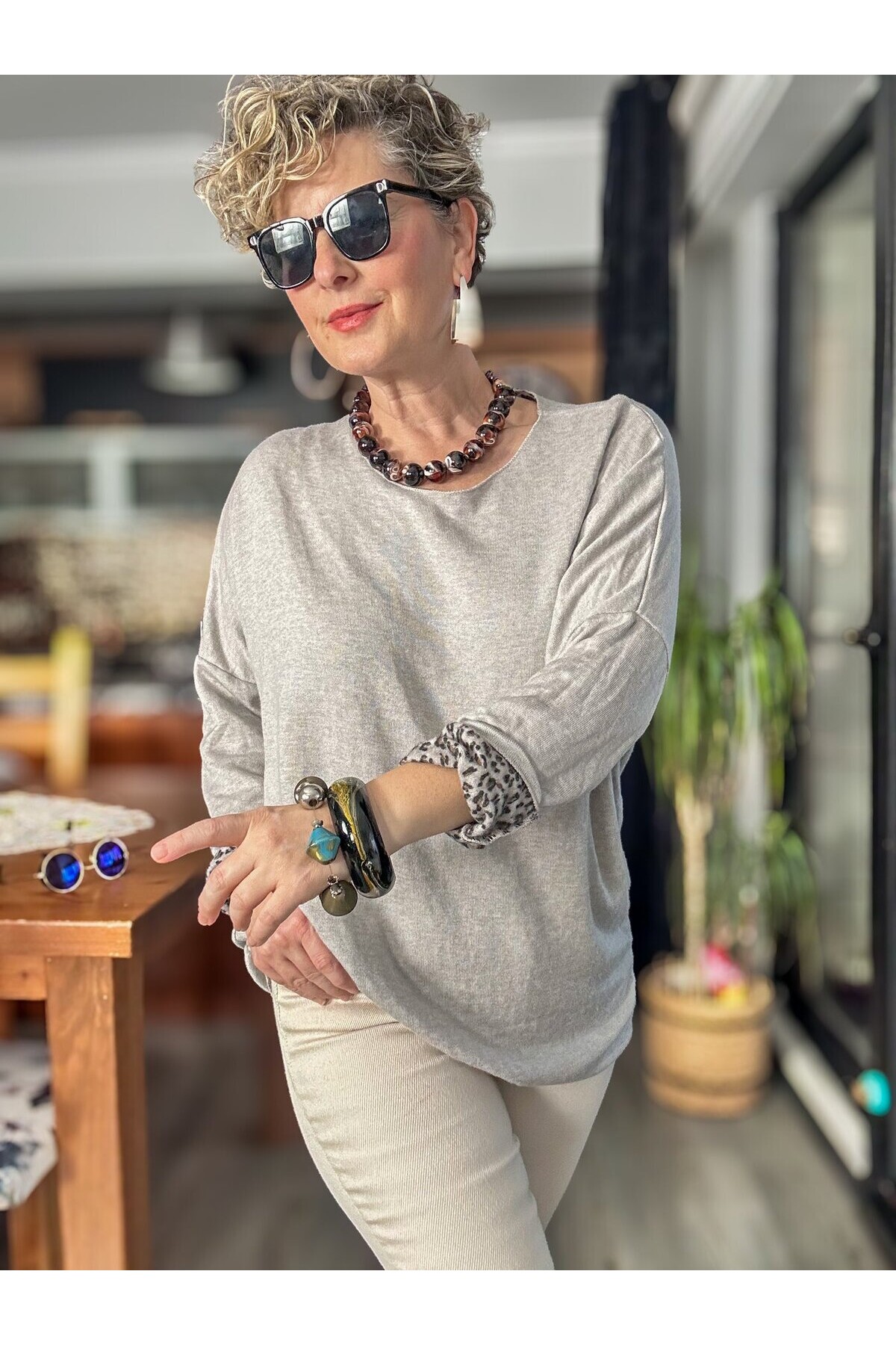 Sosa İtalyan Leopar Desen Yuvarlak Yaka Triko Beige
